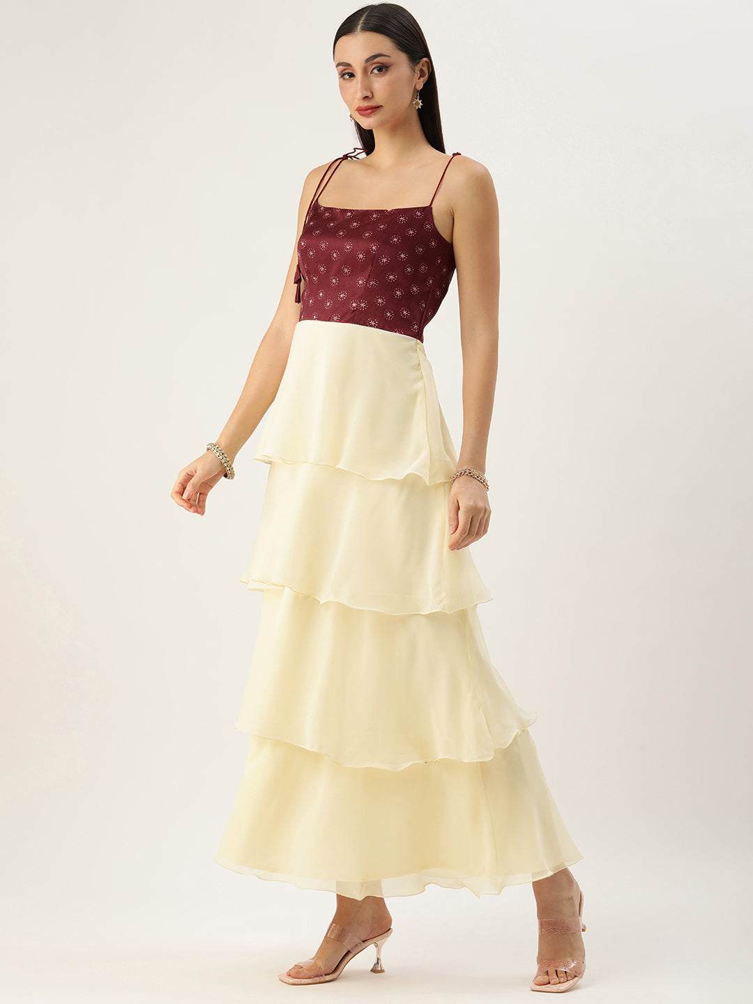 Bollywood Vogue Ready To Wear Maroon Art Silk Printed N Off White Layered Dress - Side View