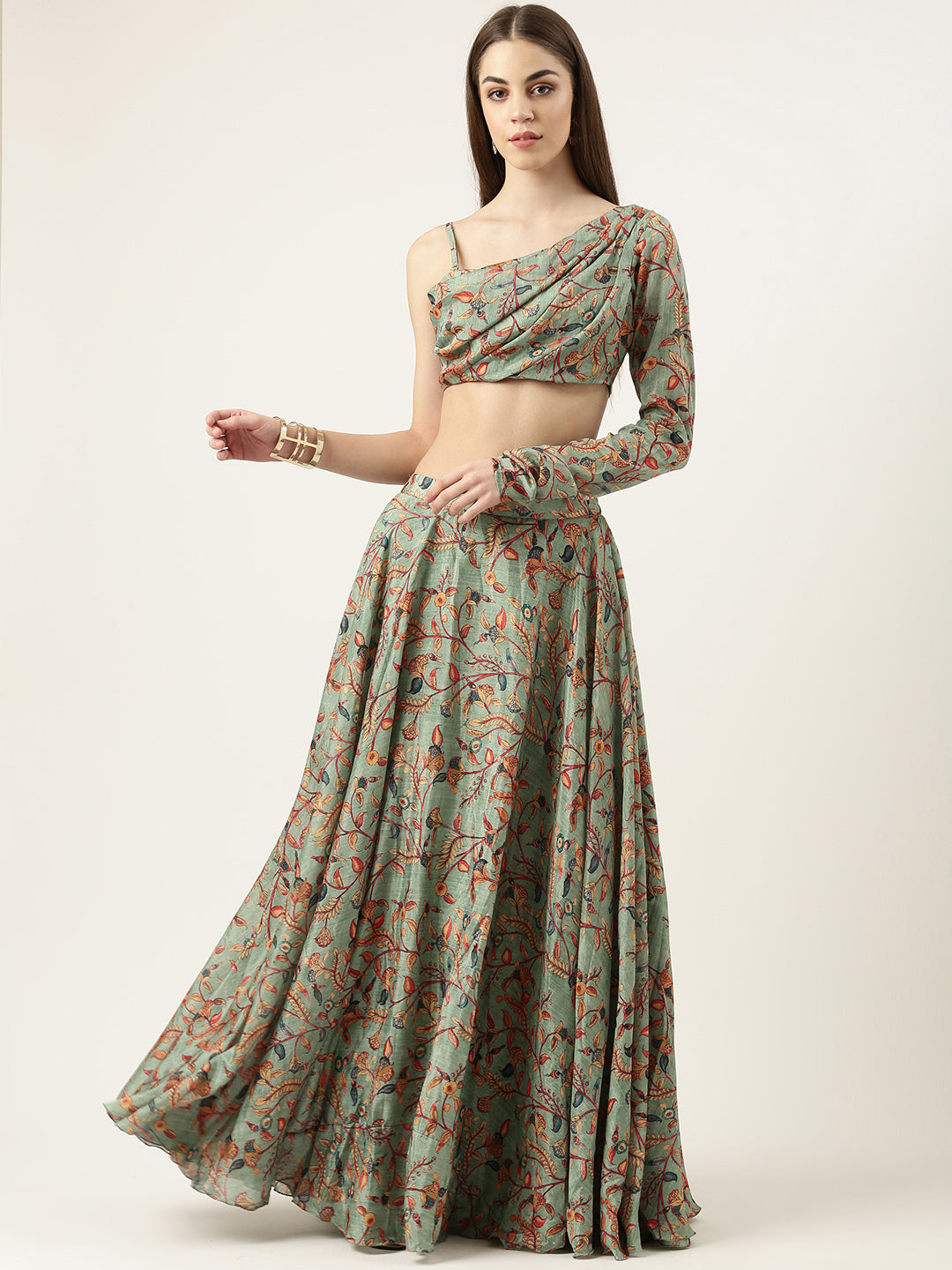 Bollywood Vogue Ready To Wear Green Chinon Printed Skirt Set - Side View
