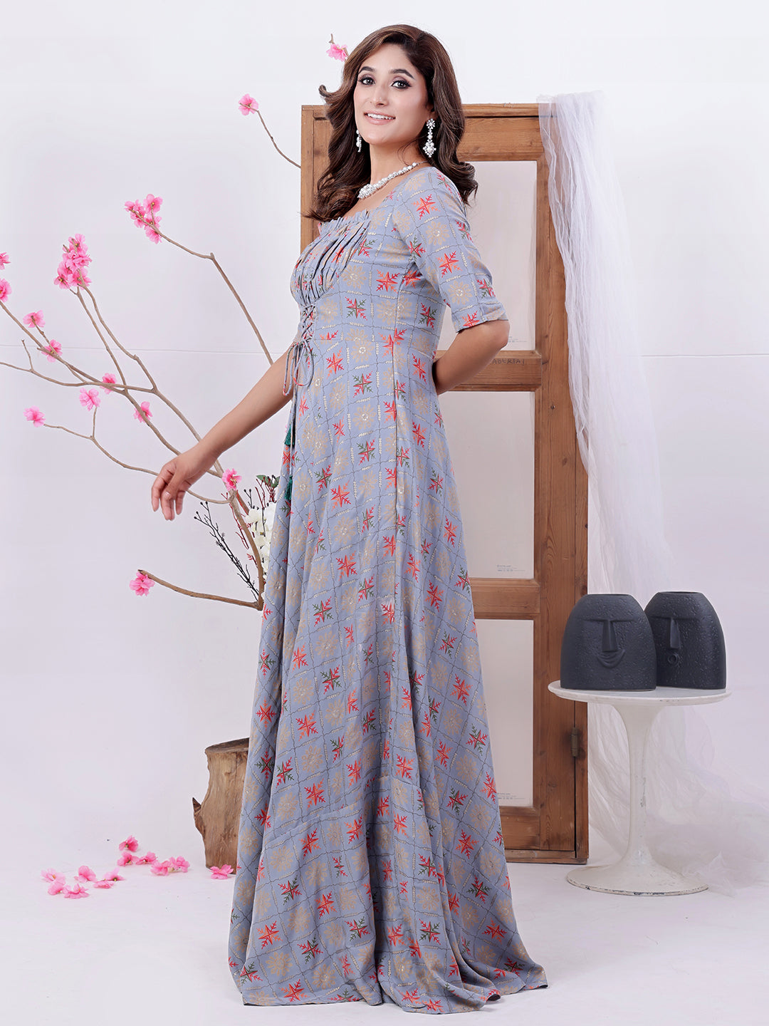 Bollywood Vogue Ready To Wear Blue Foil Print Floor Length Gown - Additional View 1