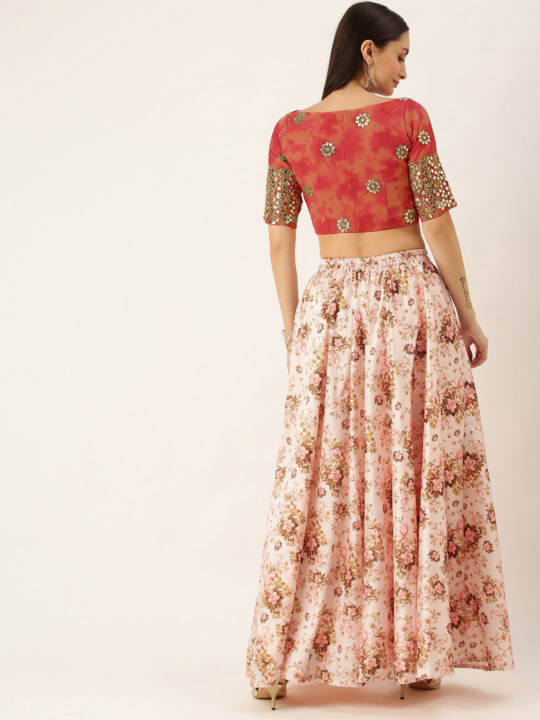 Bollywood Vogue Ready To Wear Pink N Red Gota Embroidered Crop Top N Skirt - Back View