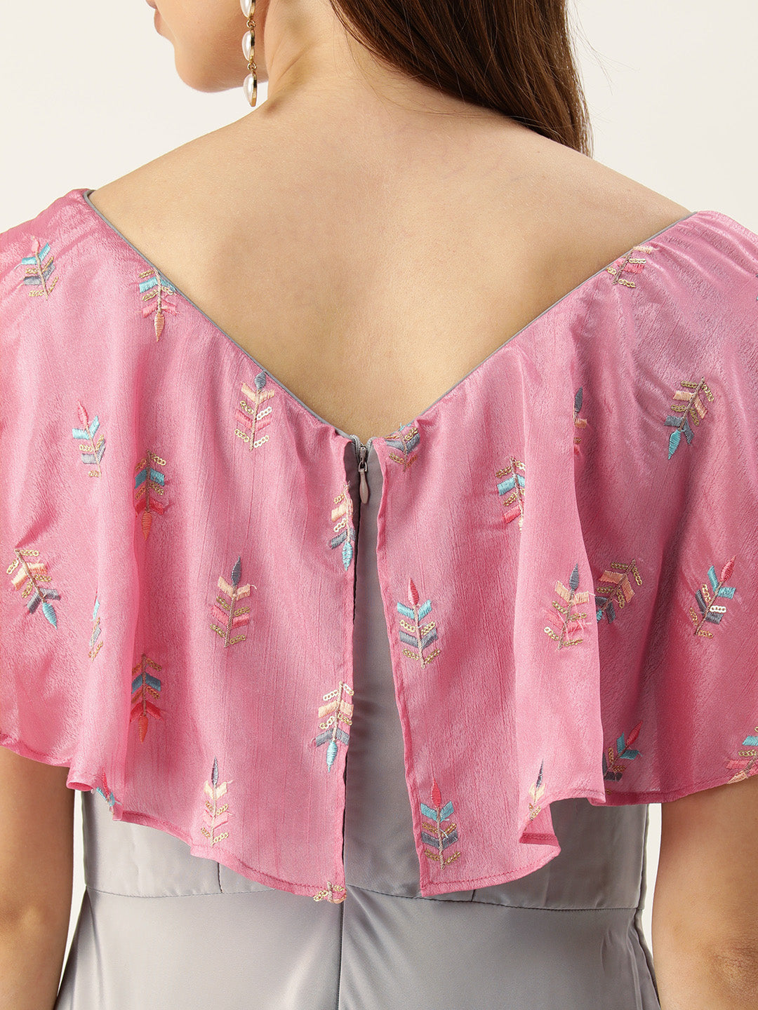 Bollywood Vogue Ready To Wear Grey Art Silk N Pink Chinon Zero Shoulder Style Gown - Detail View