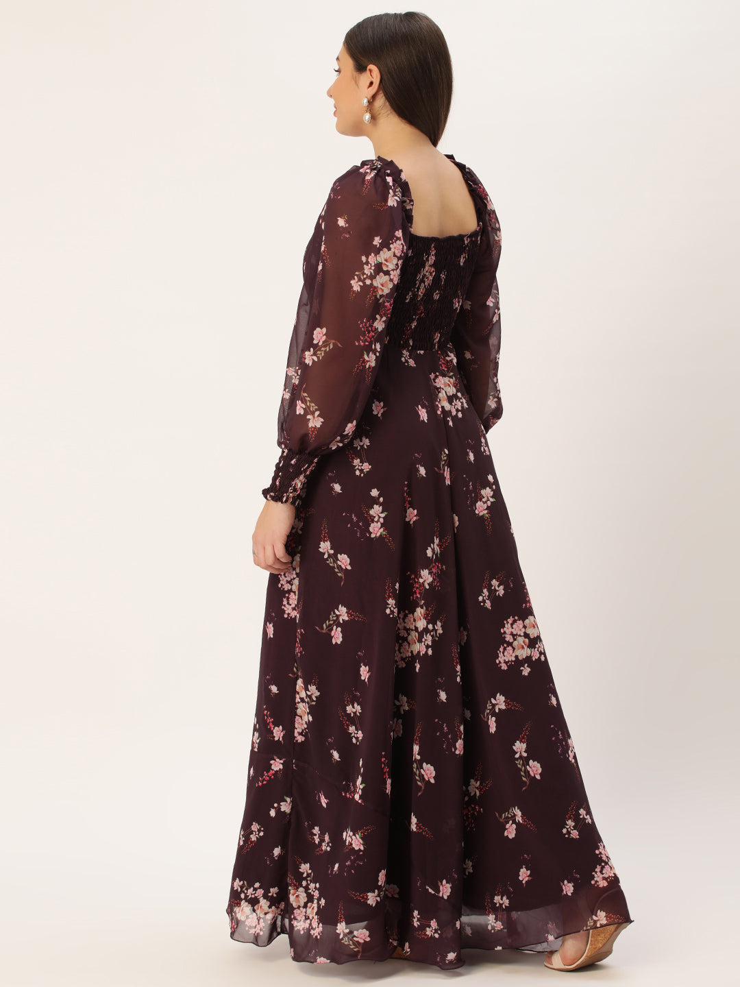 Bollywood Vogue Ready To Wear Purple Georgette Printed Pleated Yoke Gown - Back View