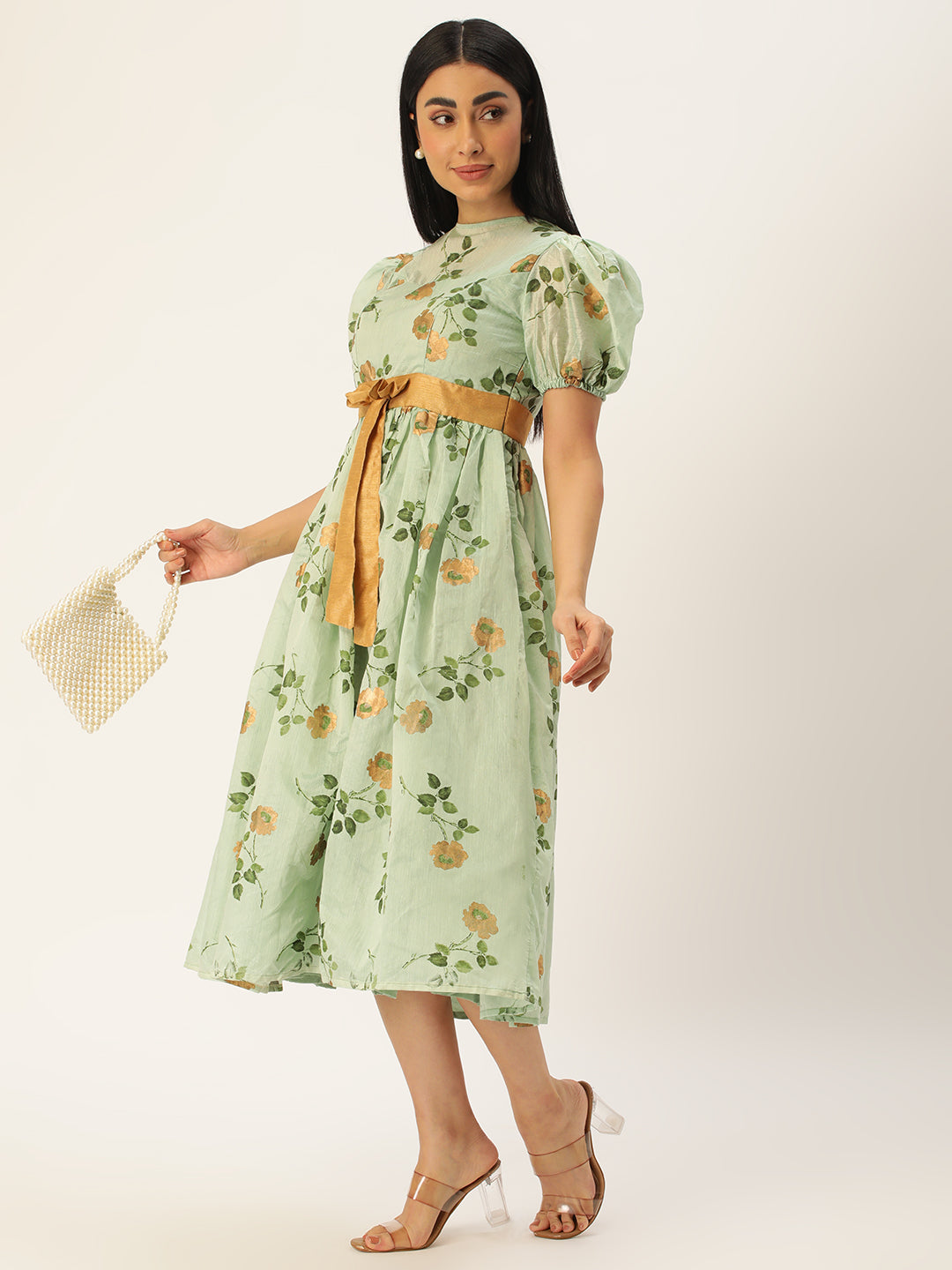 Bollywood Vogue Ready To Wear Green Chanderi Silk Puff Sleeve Dress - Detail View