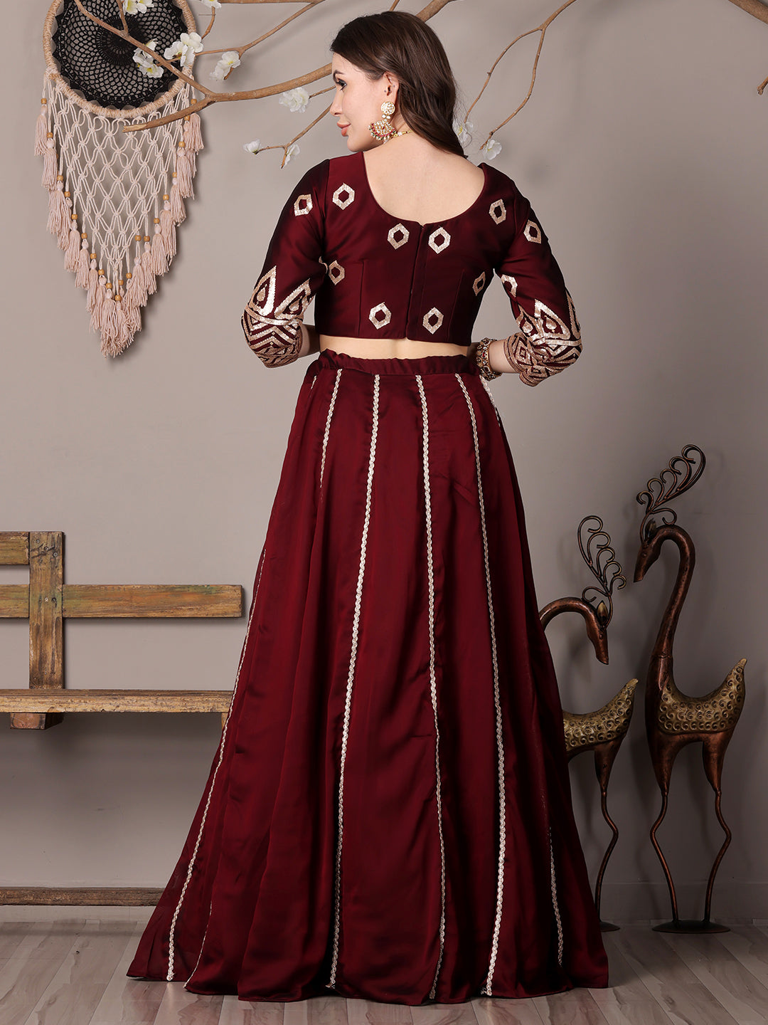Bollywood Vogue Ready To Wear Wine Silk Embroidered Kali Style Lehenga - Look Shot