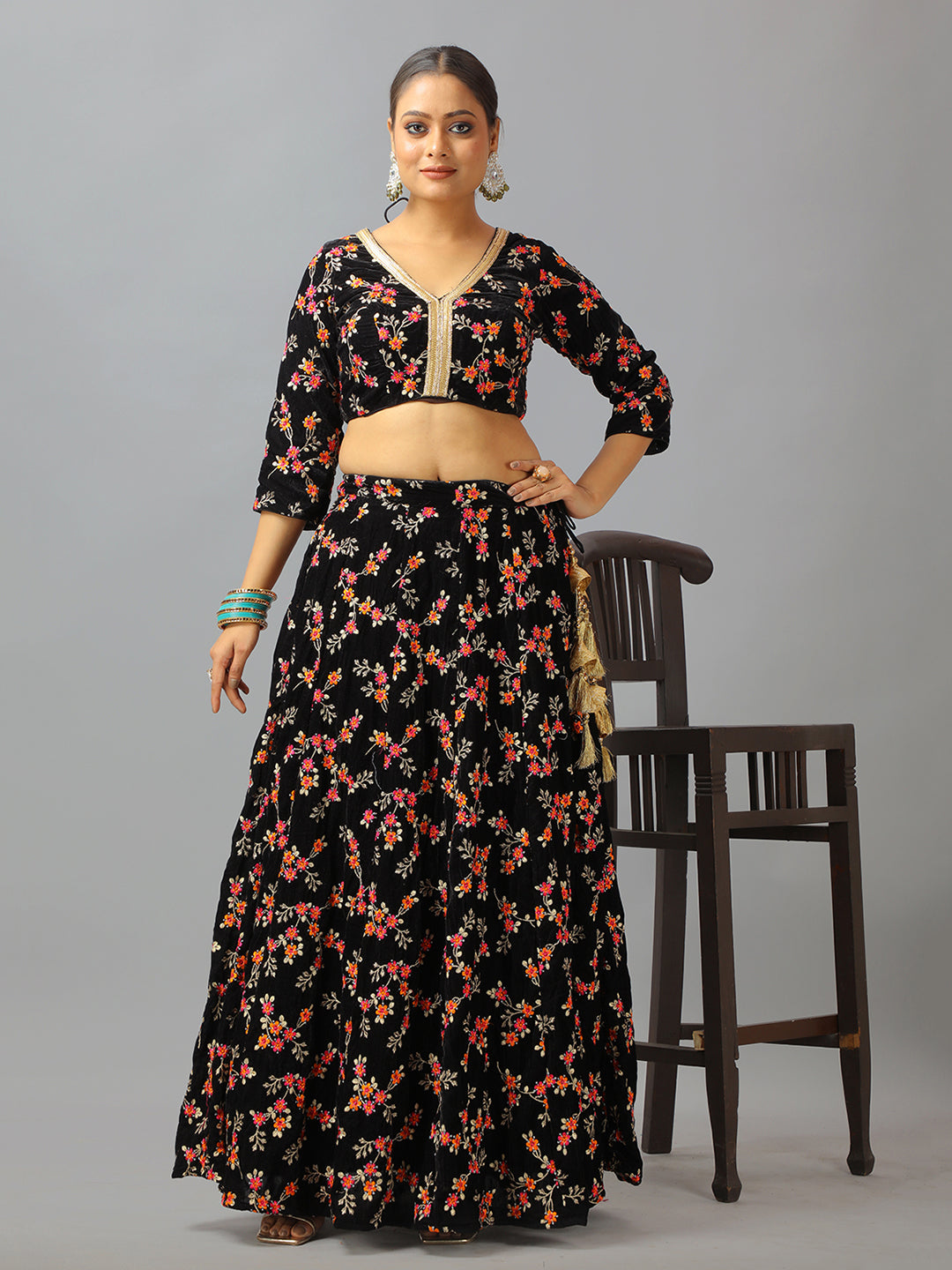 Bollywood Vogue Ready To Wear Black Velvet Embroidered Lehenga Set - Detail View