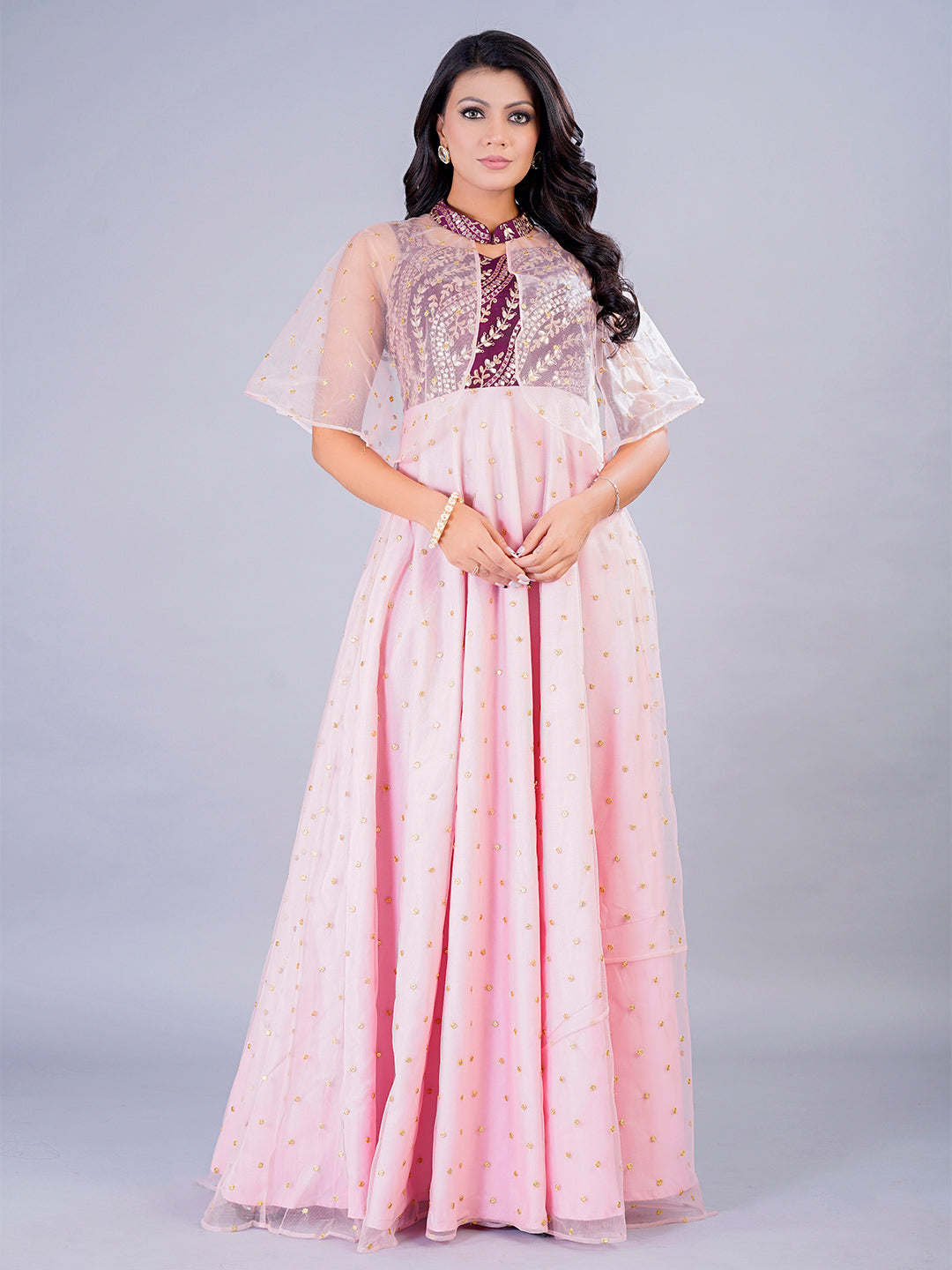 Bollywood Vogue Ready To Wear Wine Chinon N Pink Net Embroidered Gown With Cape - Front View