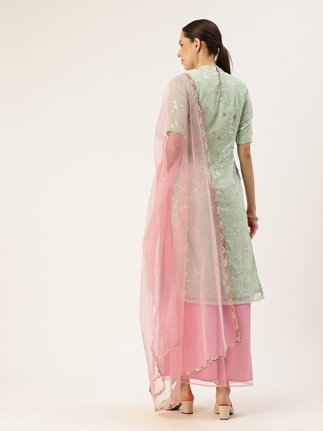 Bollywood Vogue Ready To Wear Green Embroidered Georgette N Pink Palazzo Suit - Back View
