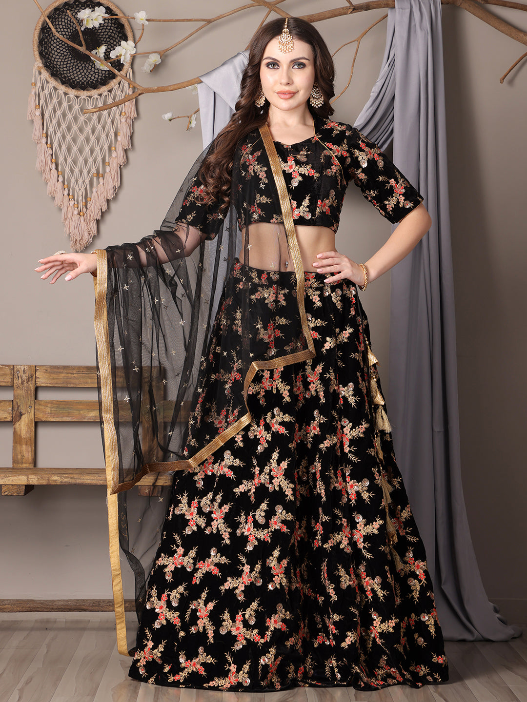 Bollywood Vogue Ready To Wear Black Embroidered Velvet Lehenga - Front View