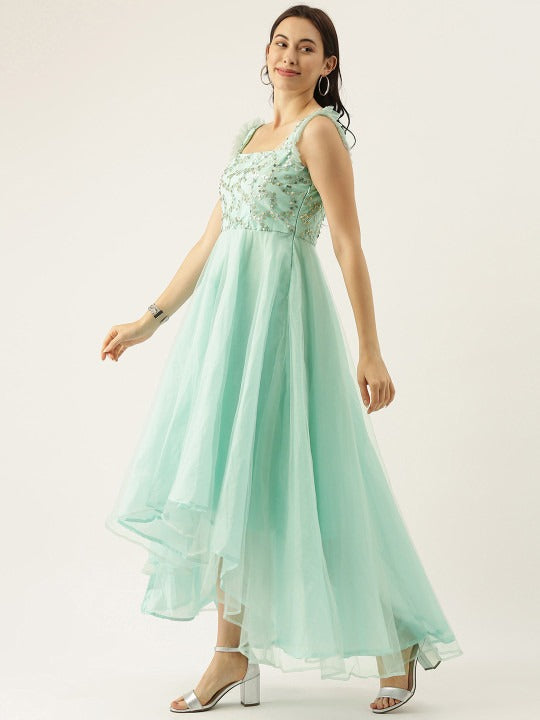 Bollywood Vogue Ready To Wear Sea Blue Embroidered Asymmetrical Gown - Side View