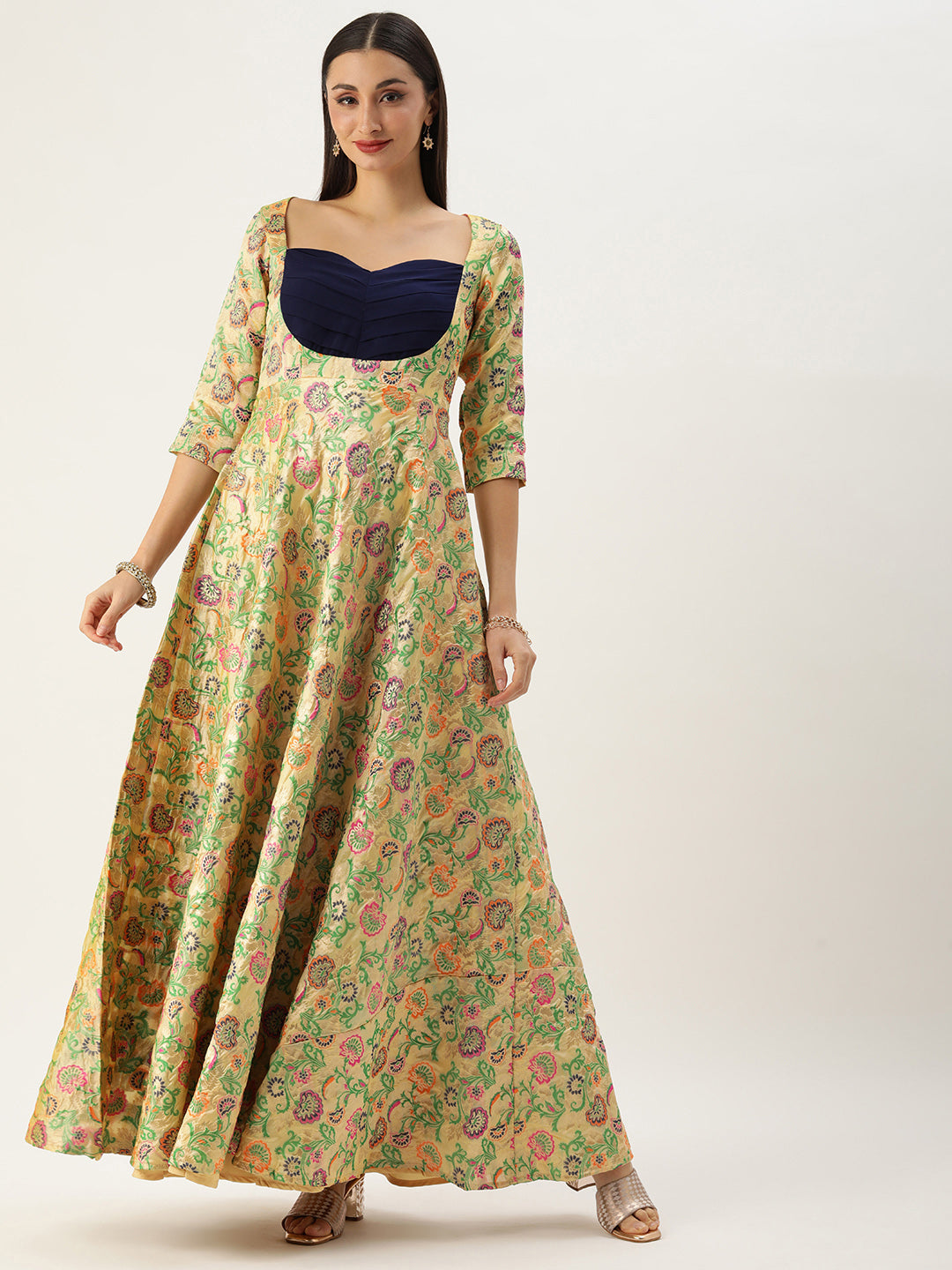 Bollywood Vogue Ready To Wear Beige Art Silk Jacquard Pleated Yoke Gown - Front View