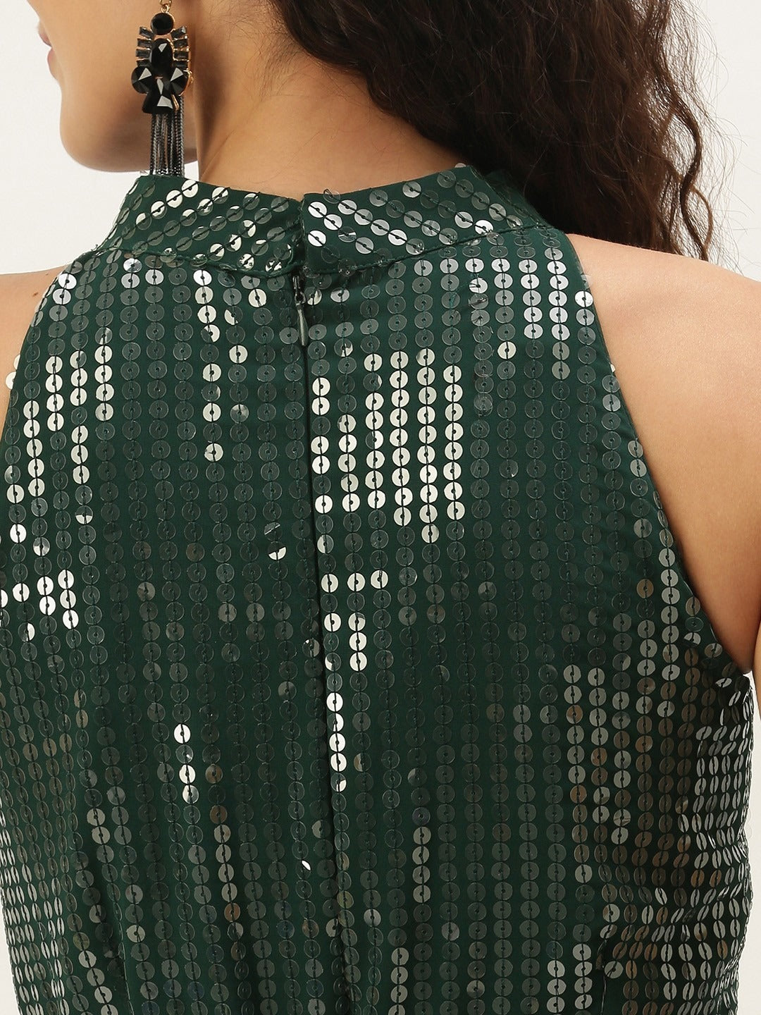 Bollywood Vogue Ready To Wear Green Sequins Handkerchief Gown - Side View