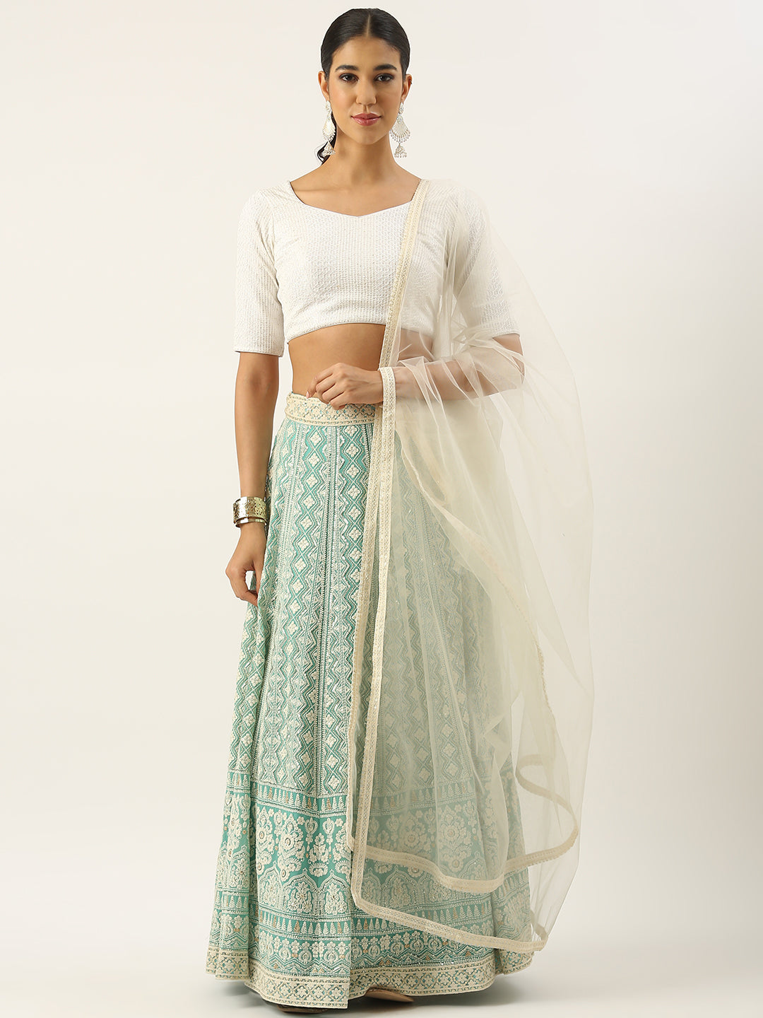 Bollywood Vogue Ready To Wear Off White N Green Embroidered Georgette Lehenga Se - Front View