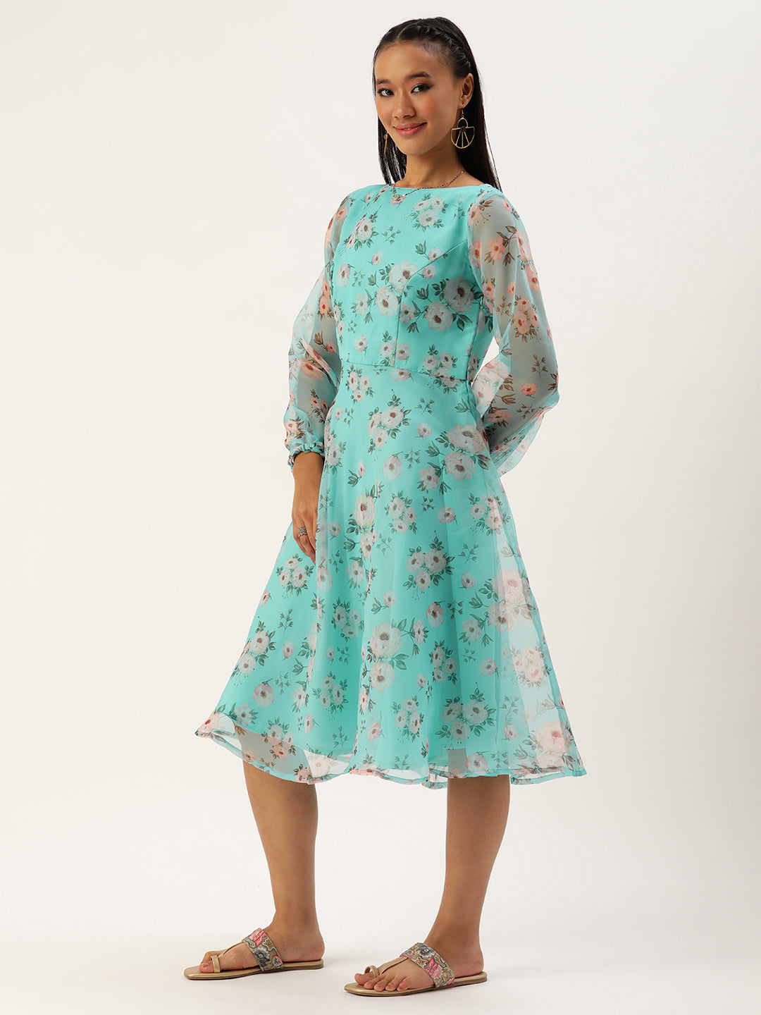 Bollywood Vogue Ready To Wear Blue Digital Printed Organza Dress - Side View
