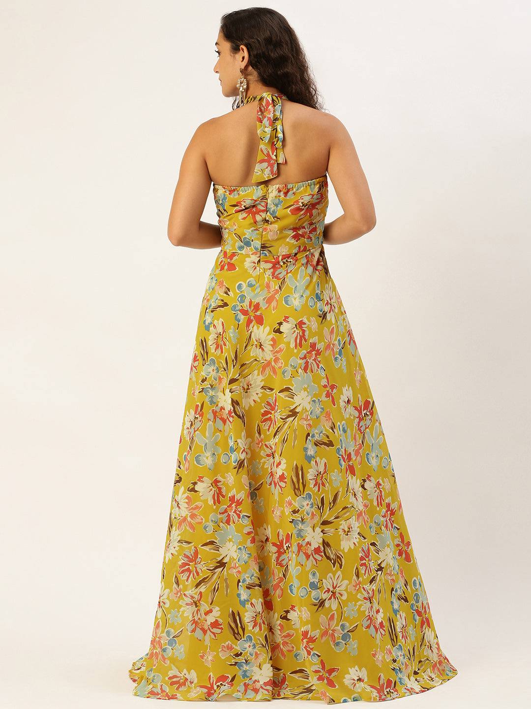 Bollywood Vogue Ready To Wear Yellow Printed Halter Neck Georgette - Side View