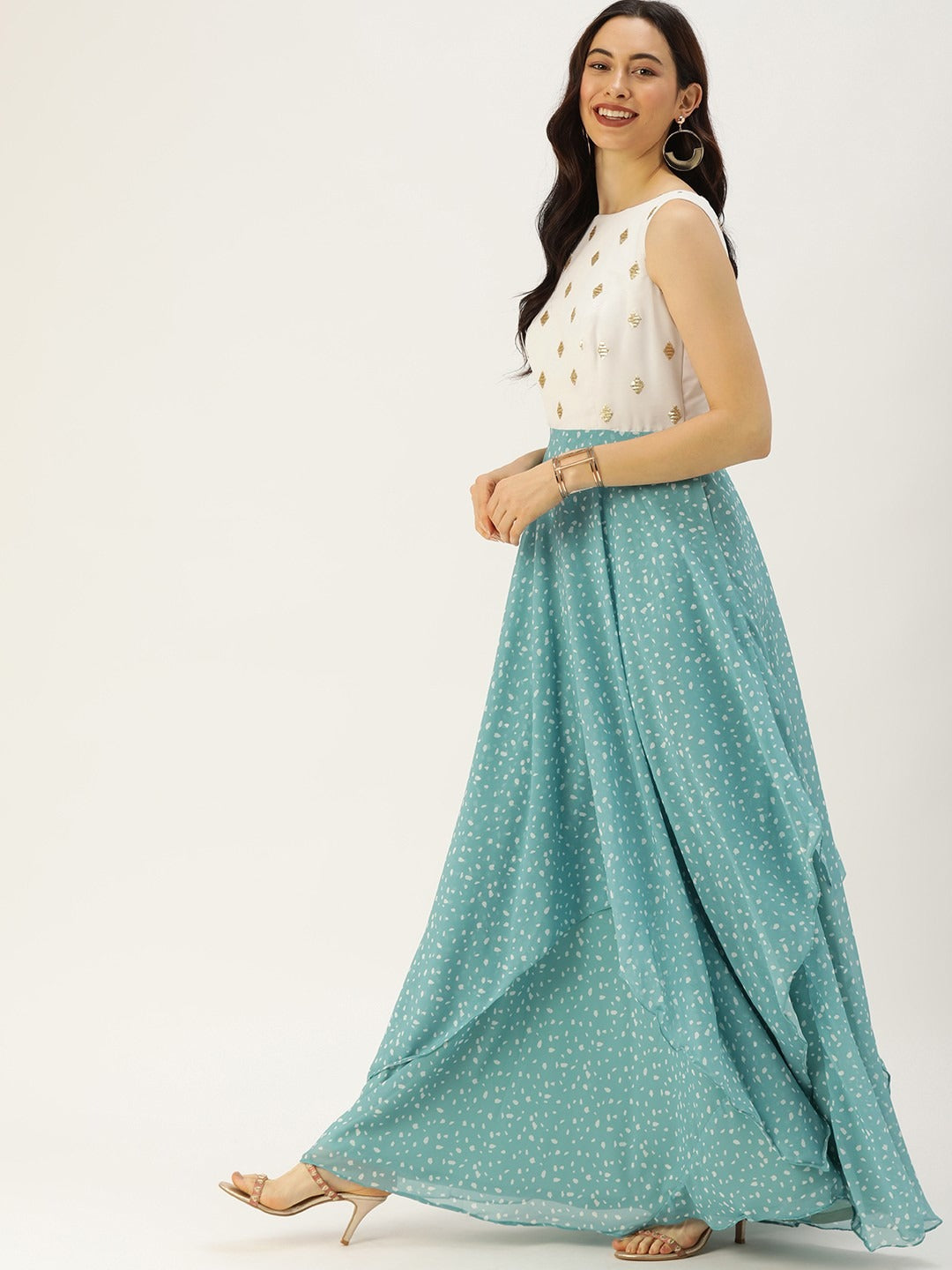 Bollywood Vogue Ready To Wear Blue N White Georgette Handkerchief Style Gown - Side View