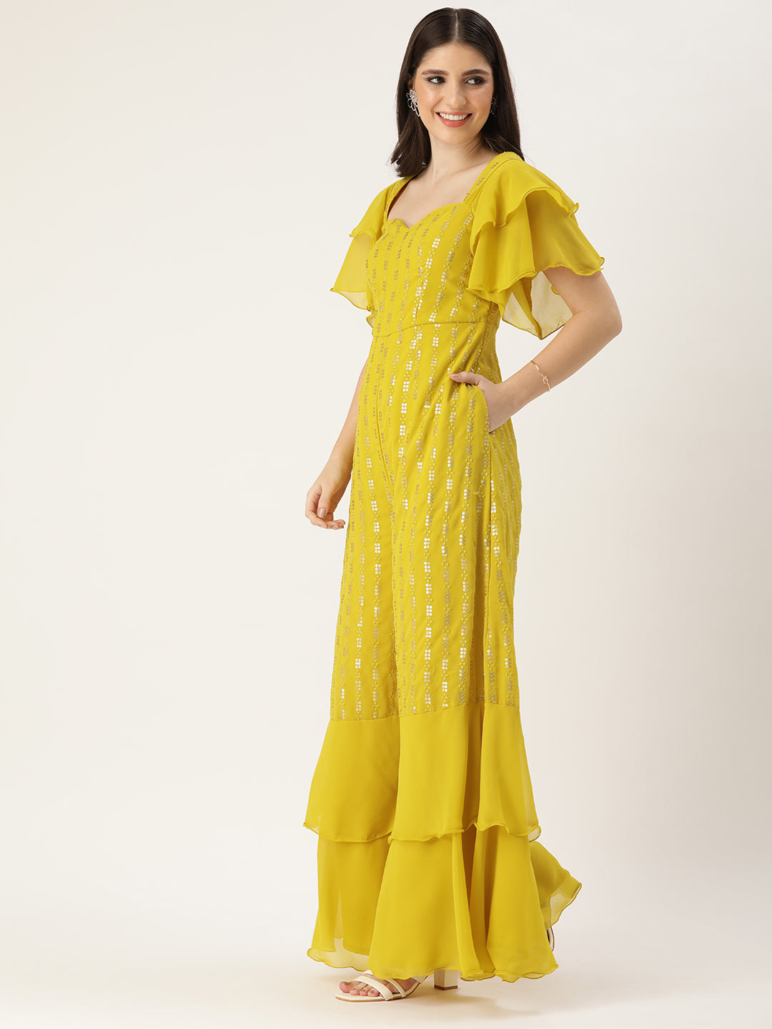 Bollywood Vogue Ready To Wear Mustard Sequins Embroidered Georgette Jumpsuit - Side View