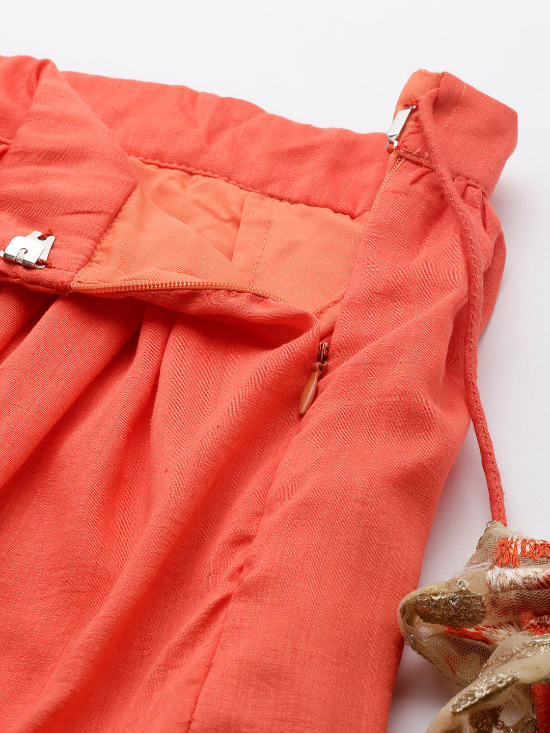 Bollywood Vogue Ready To Wear Beige N Orange Embroidered Net Lehenga Set - Detail View