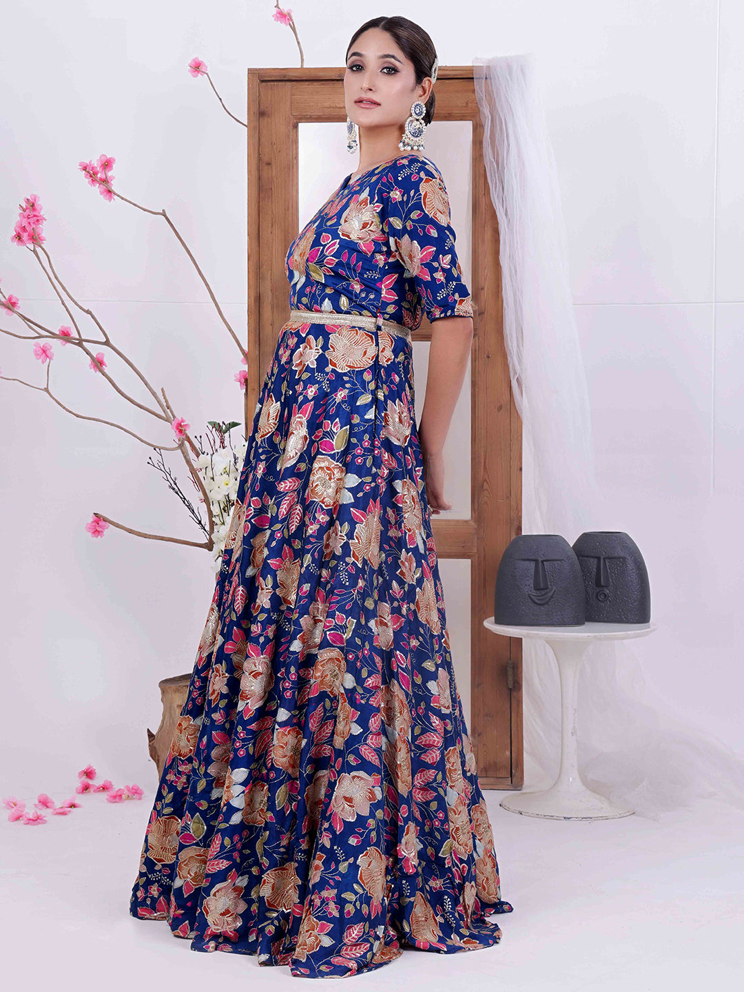 Bollywood Vogue Ready To Wear Blue Viscose Printed Gown - Side View