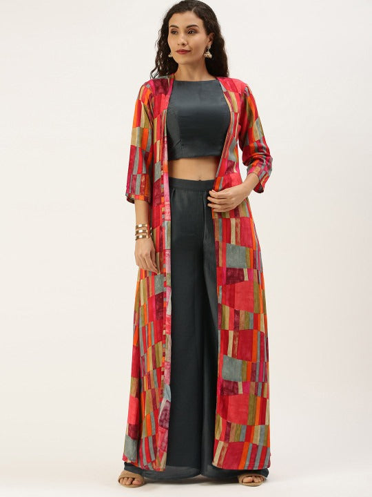 Bollywood Vogue Ready To Wear Dark Grey Palazzo Pant Set N Multicolored Jacket - Front View