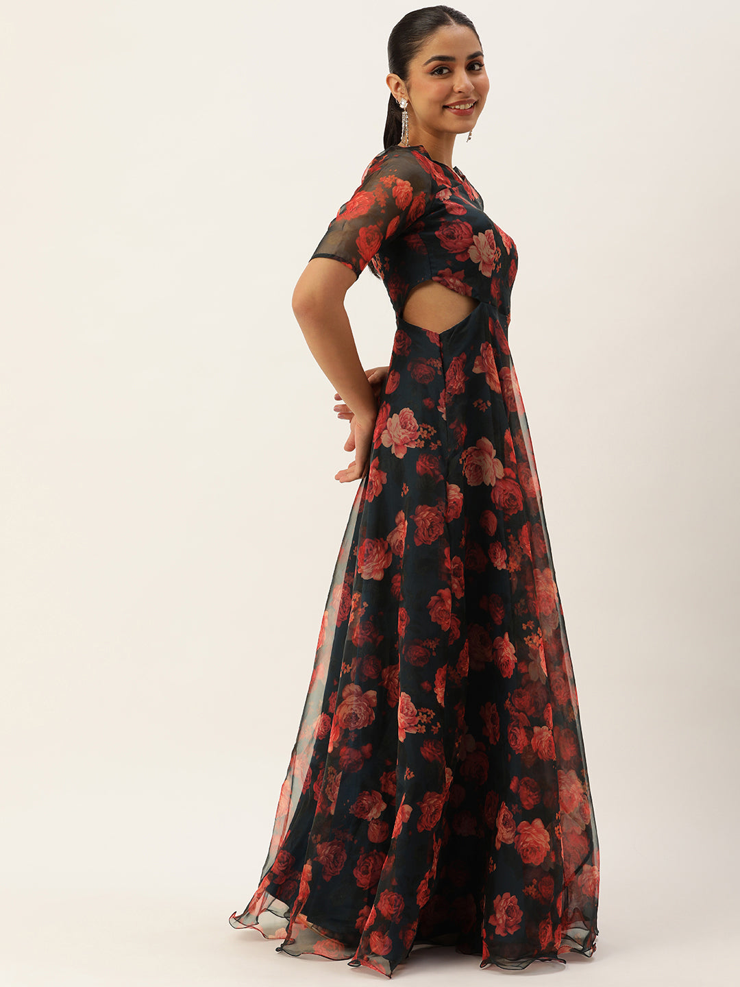 Bollywood Vogue Ready To Wear Blue Digital Printed Organza Gown - Side View