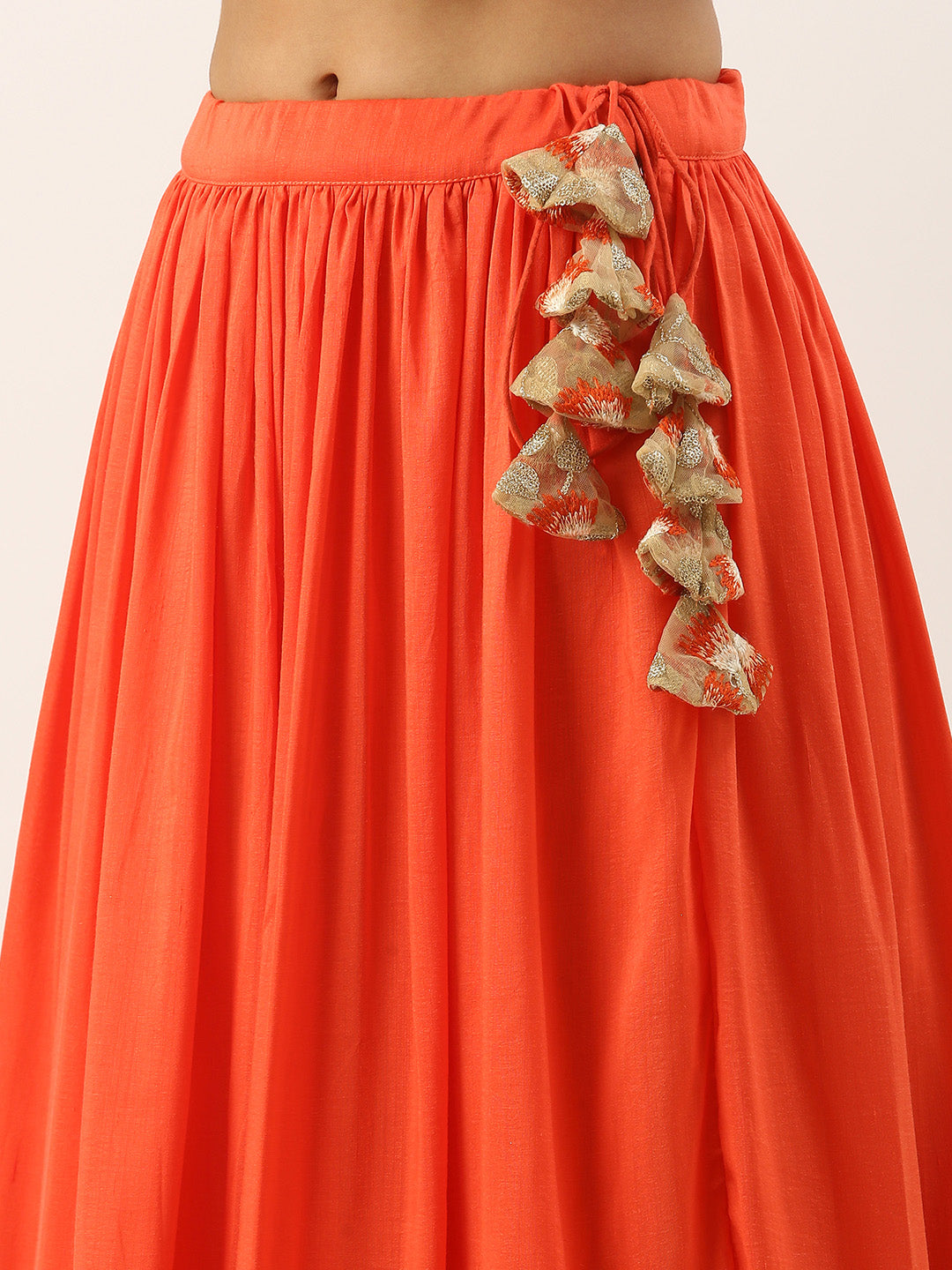 Bollywood Vogue Ready To Wear Beige N Orange Embroidered Net Lehenga Set - Look Shot