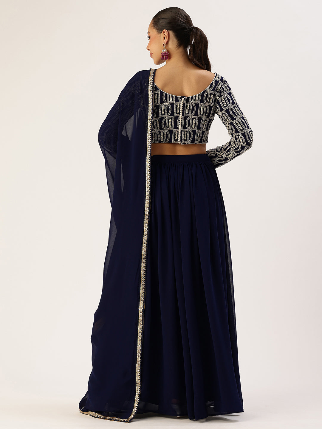 Bollywood Vogue Ready To Wear Blue Georgette Embroidered Boat Neck Lehenga - Back View