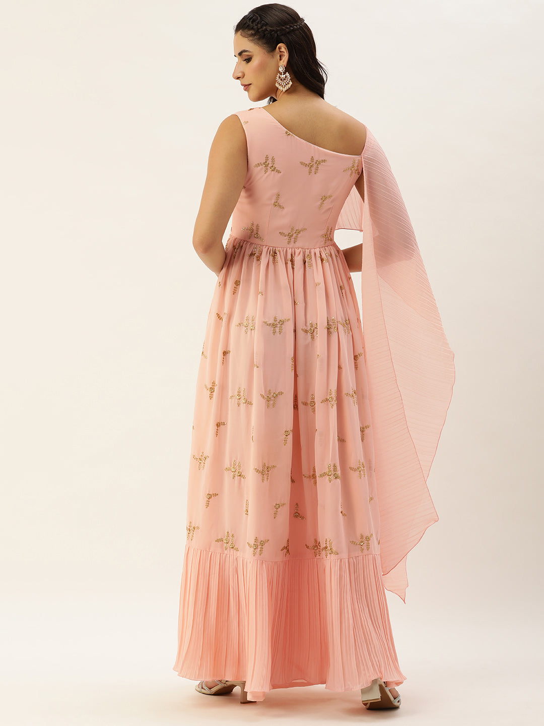Bollywood Vogue Ready To Wear Peach Embroidered Pleated Georgette Gown - Back View