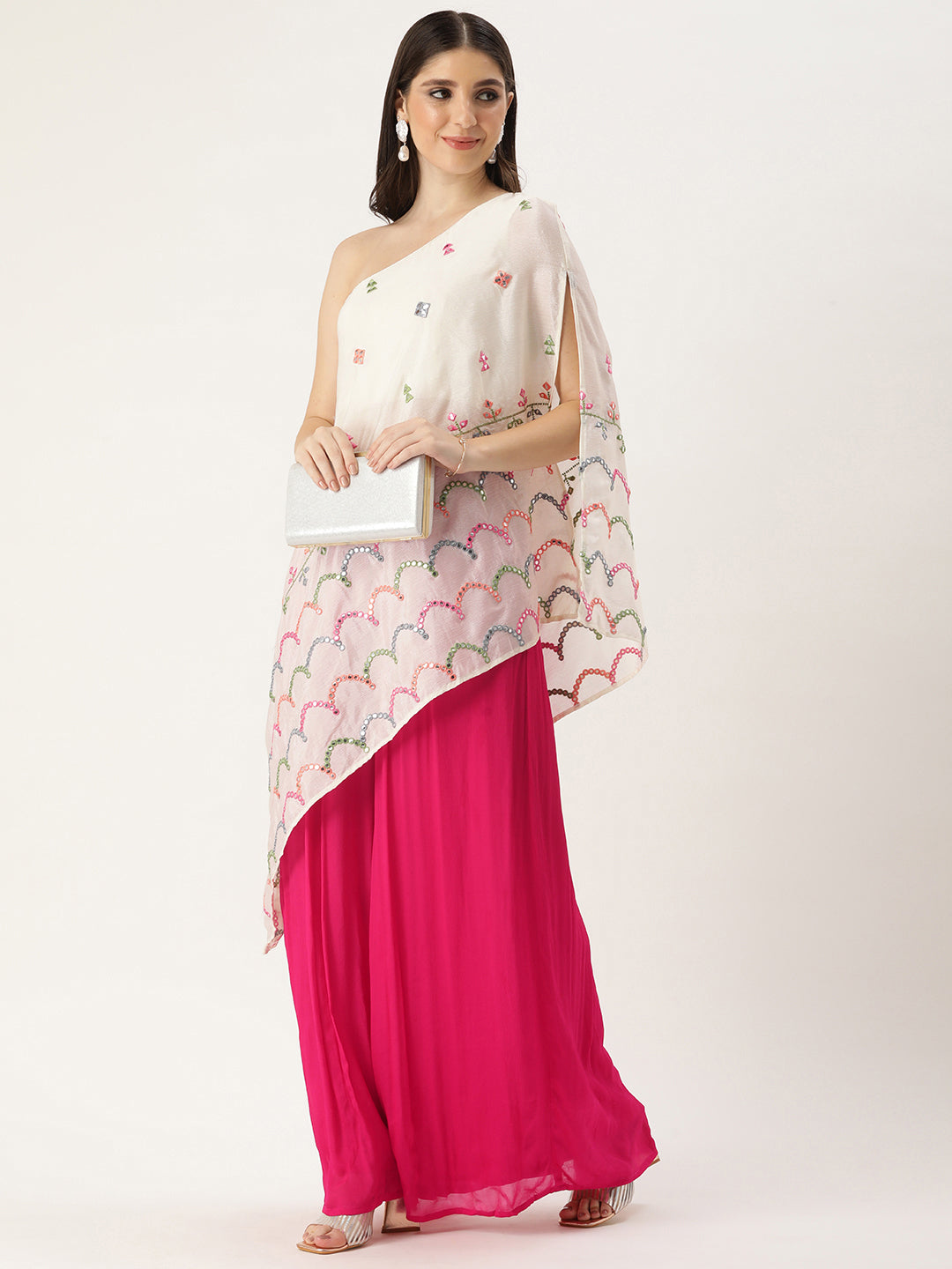 Bollywood Vogue Ready To Wear Cream N Pink Chinon Embroidered Top N Palazzo Set - Front View