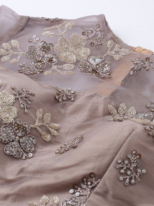 Bollywood Vogue Ready To Wear Grey Embroidered Net N Brown Lehenga Set - Additional View 2