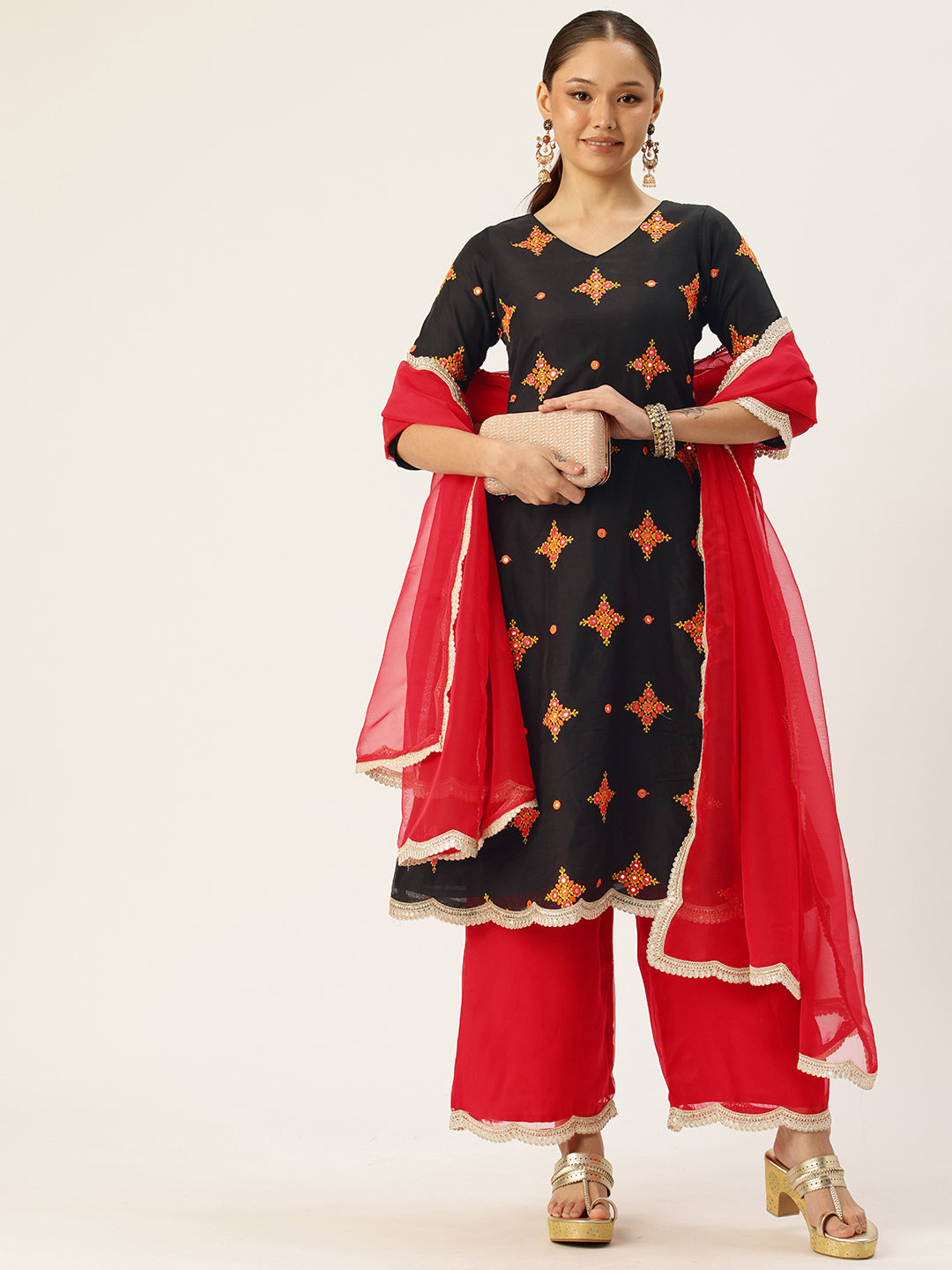 Bollywood Vogue Ready To Wear Black Embroidered Cotton Wide Leg Pant Suit - Side View