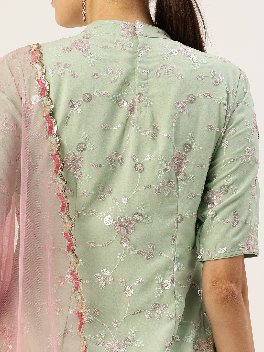 Bollywood Vogue Ready To Wear Green Embroidered Georgette N Pink Palazzo Suit - Detail View