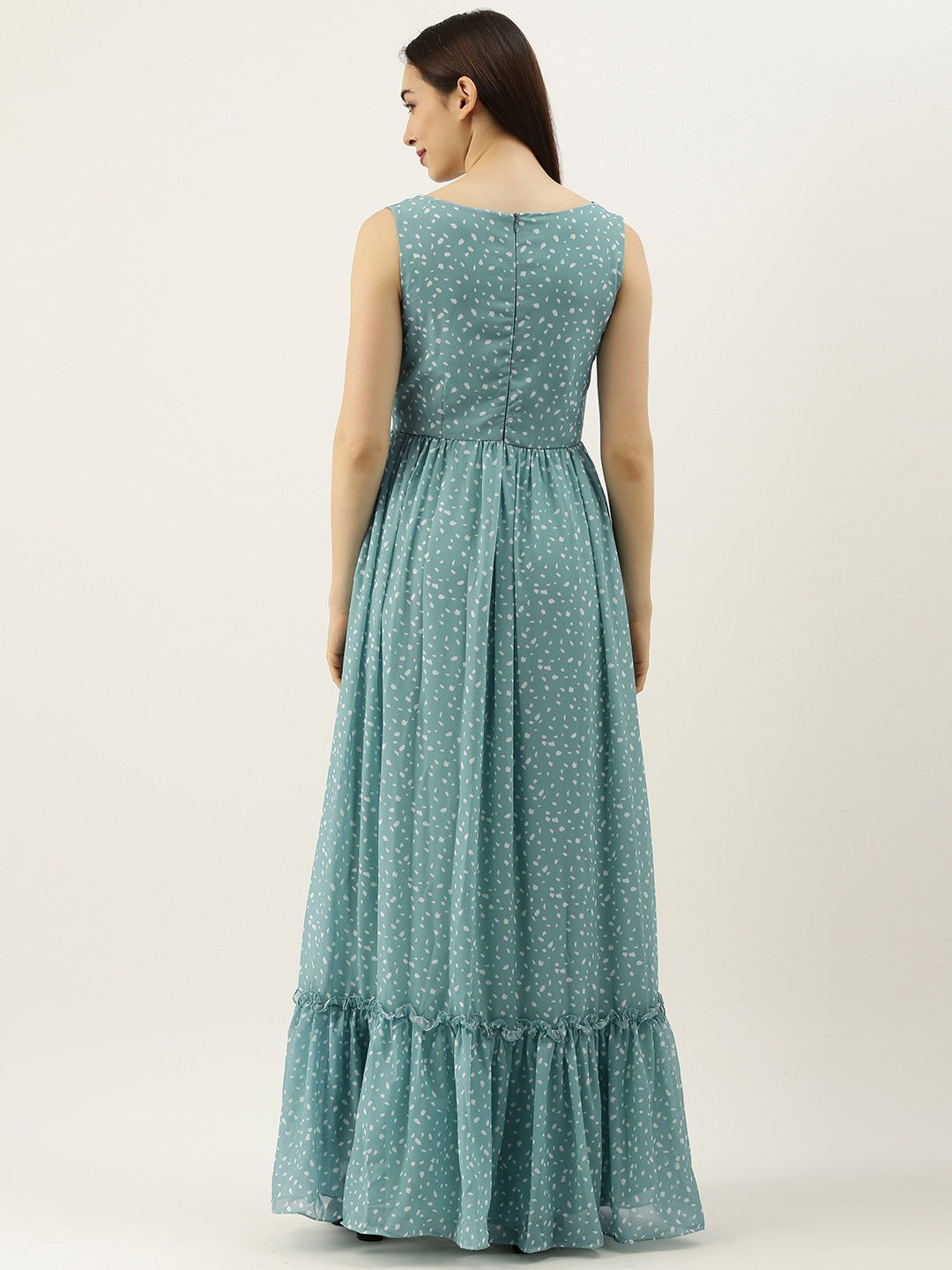 Bollywood Vogue Ready To Wear Blue N White Digital Printed Georgette Tiered Dress - Back View