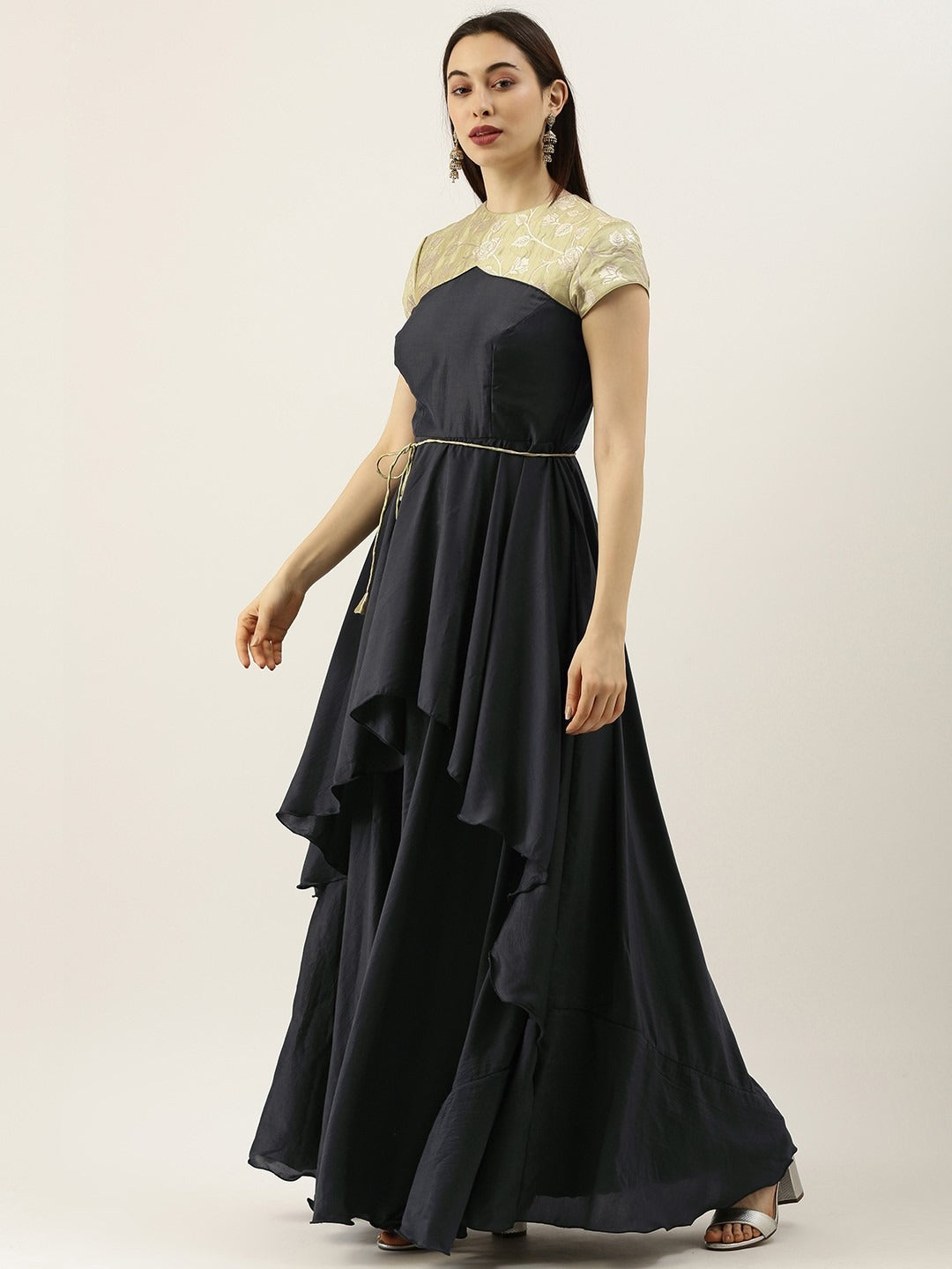 Bollywood Vogue Ready To Wear Green N Dark Grey Layered Floor Length Gown - Side View