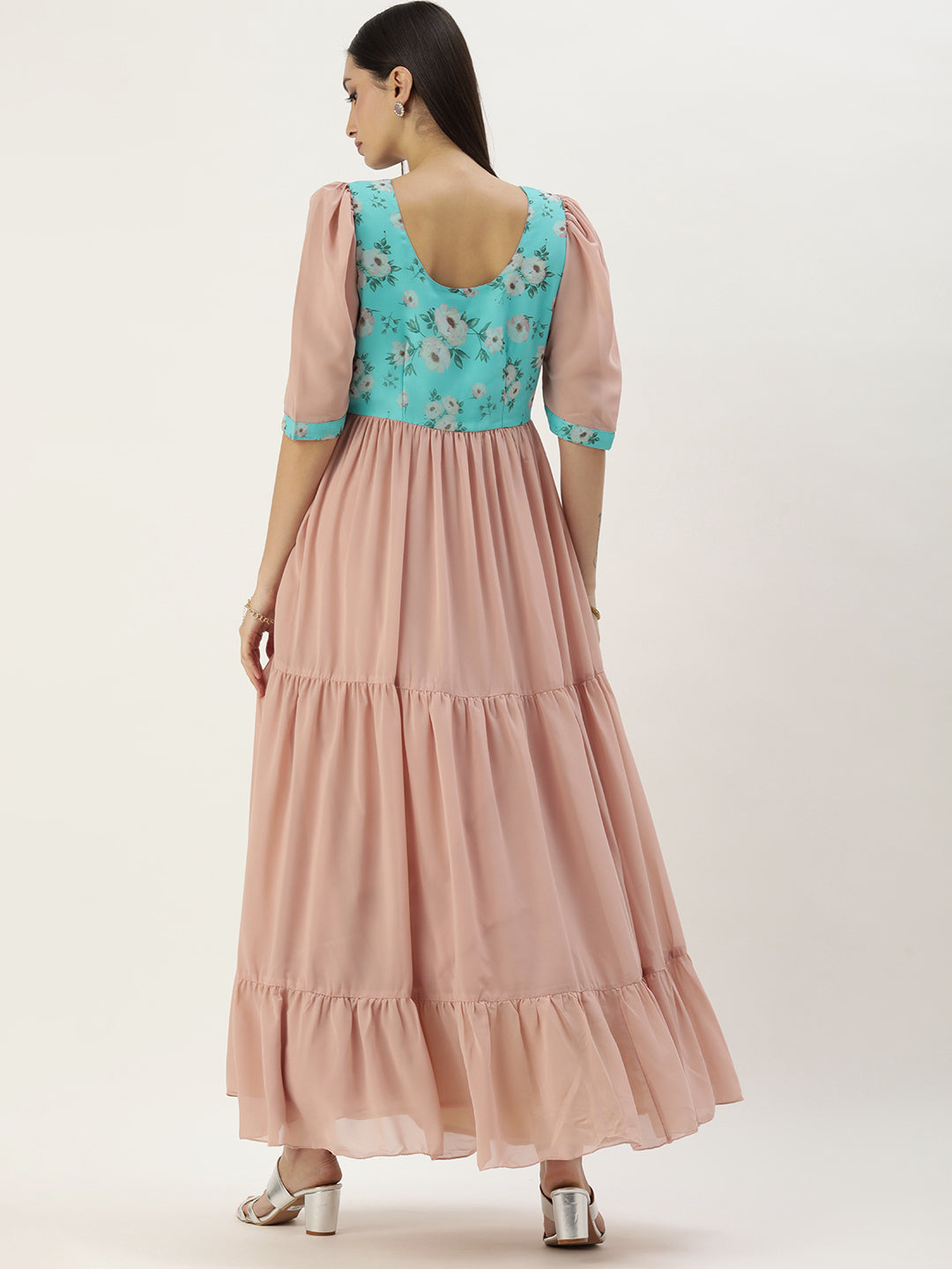 Bollywood Vogue Ready To Wear Blue N Grey Digital Printed Dress - Side View