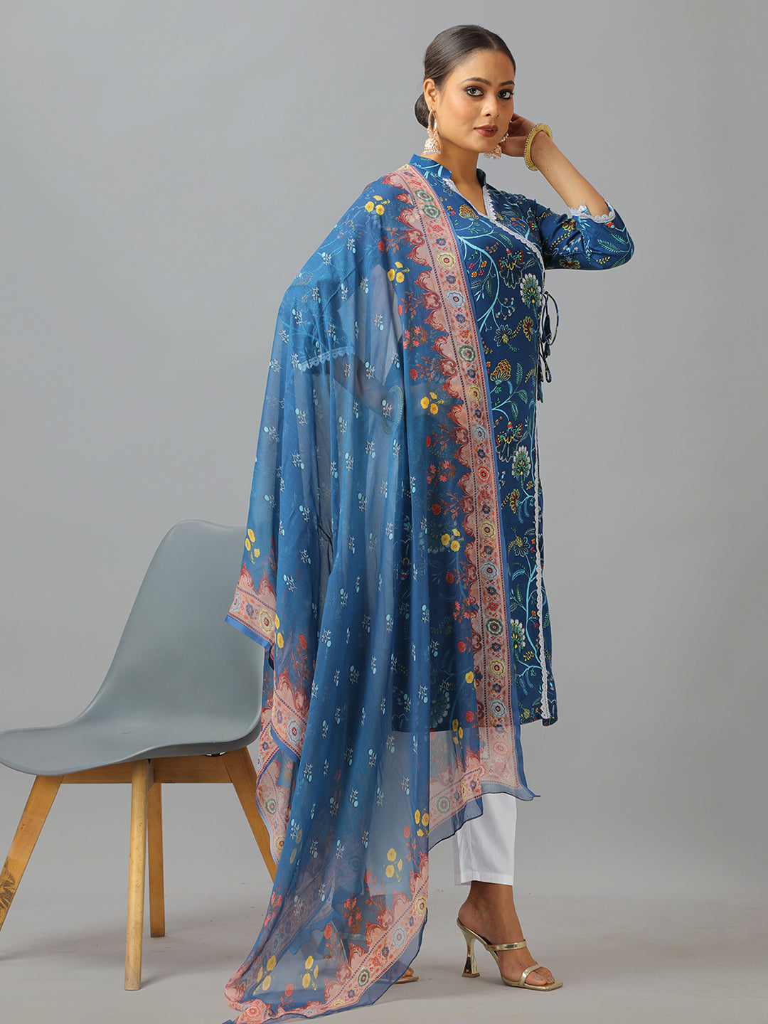 Bollywood Vogue Ready To Wear Blue Art Silk Cotton Kurta Straight Pant Suit - Side View