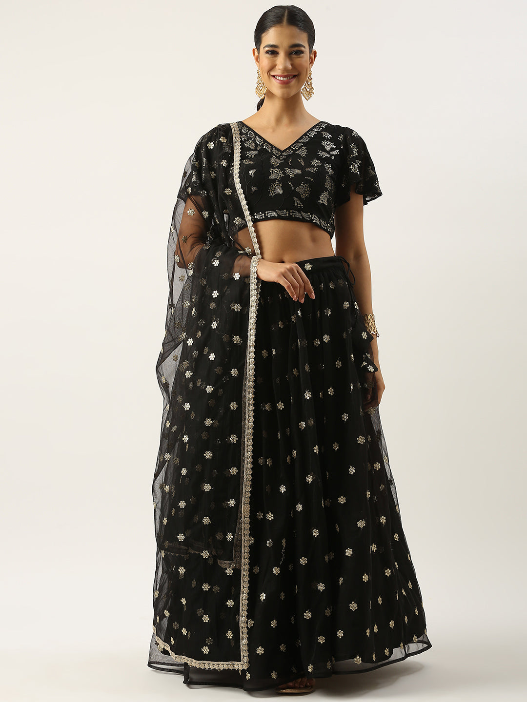 Bollywood Vogue Ready To Wear Black Georgette Embroidered Sequins Lehenga Set - Front View