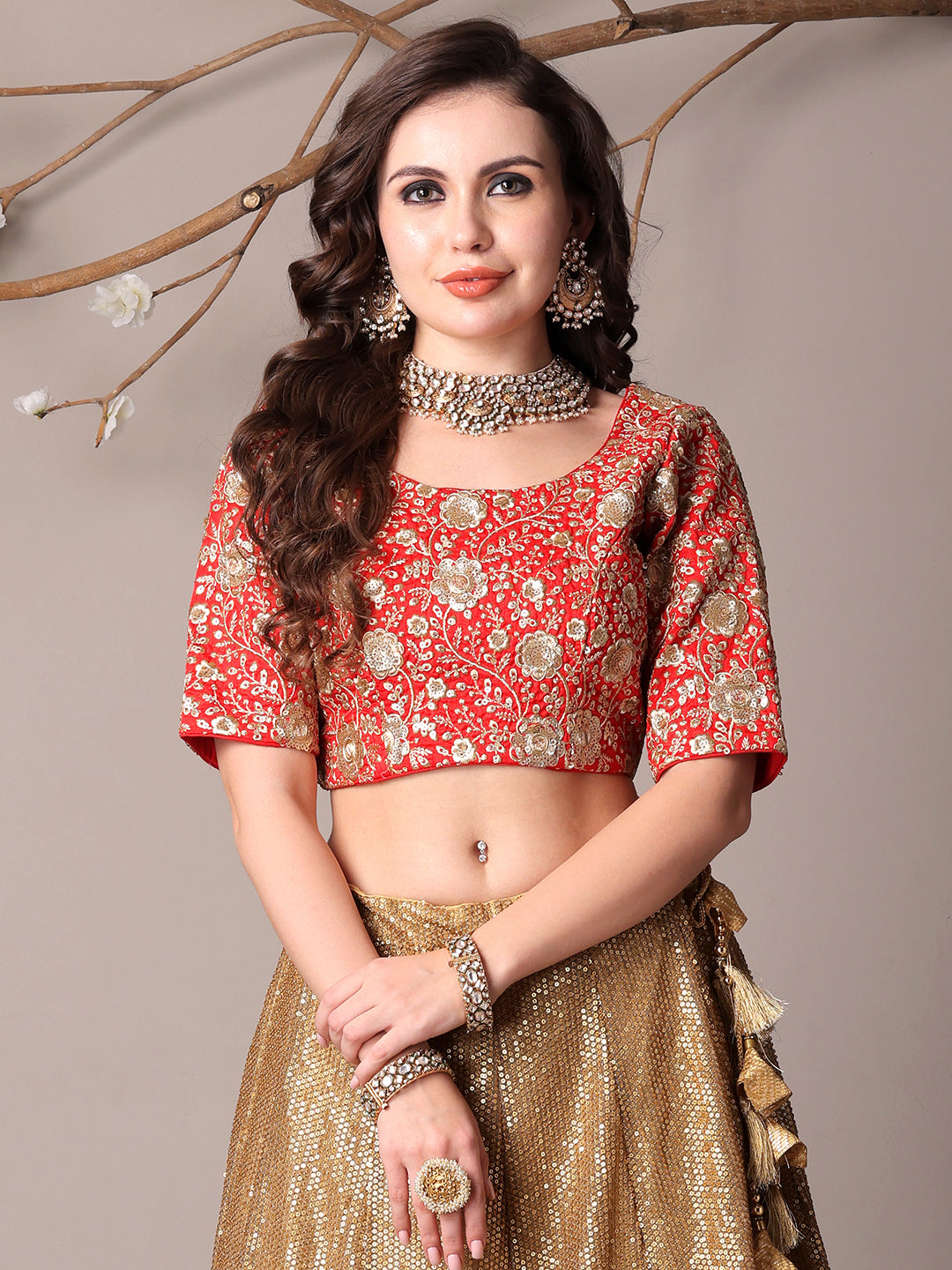 Bollywood Vogue Ready To Wear Red Embroidered N Gold Sequins Lehenga Set - Additional View 1