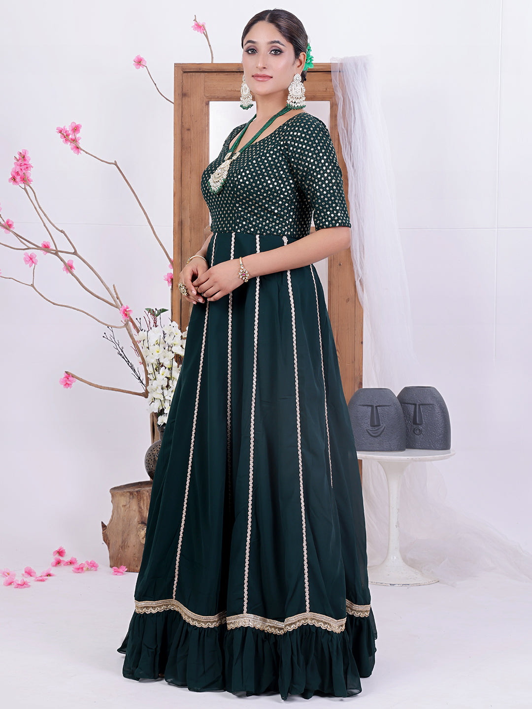 Bollywood Vogue Ready To Wear Green Embroidered Georgette Kali Gown - Side View