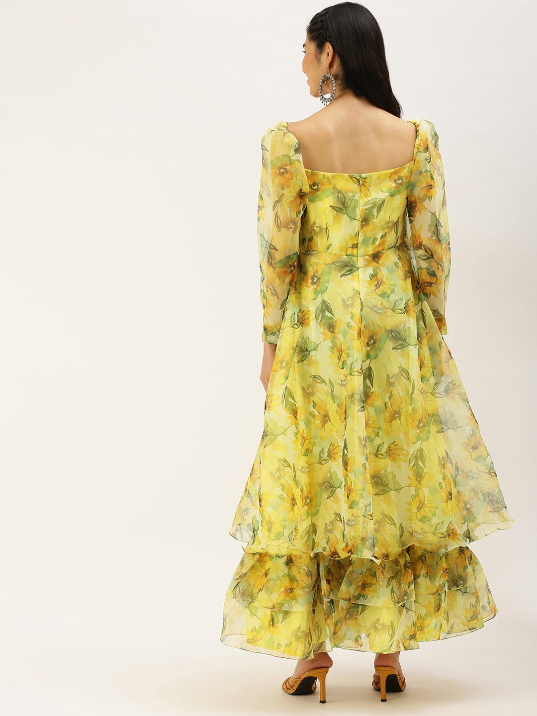 Bollywood Vogue Ready To Wear Yellow Printed organza Maxi Dress - Back View