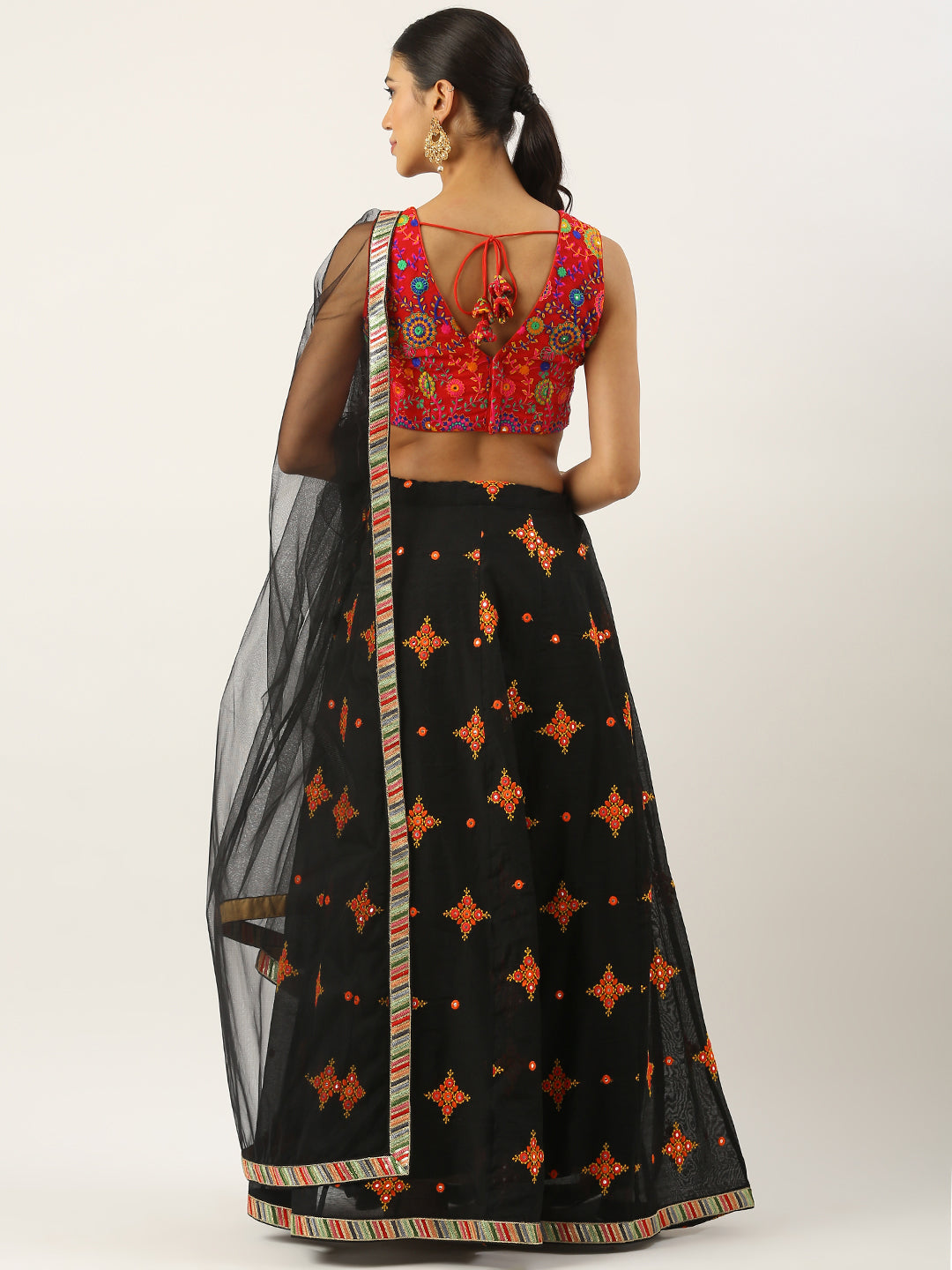 Bollywood Vogue Ready To Wear Red N Black Embroidered Cotton Lehenga Set - Back View