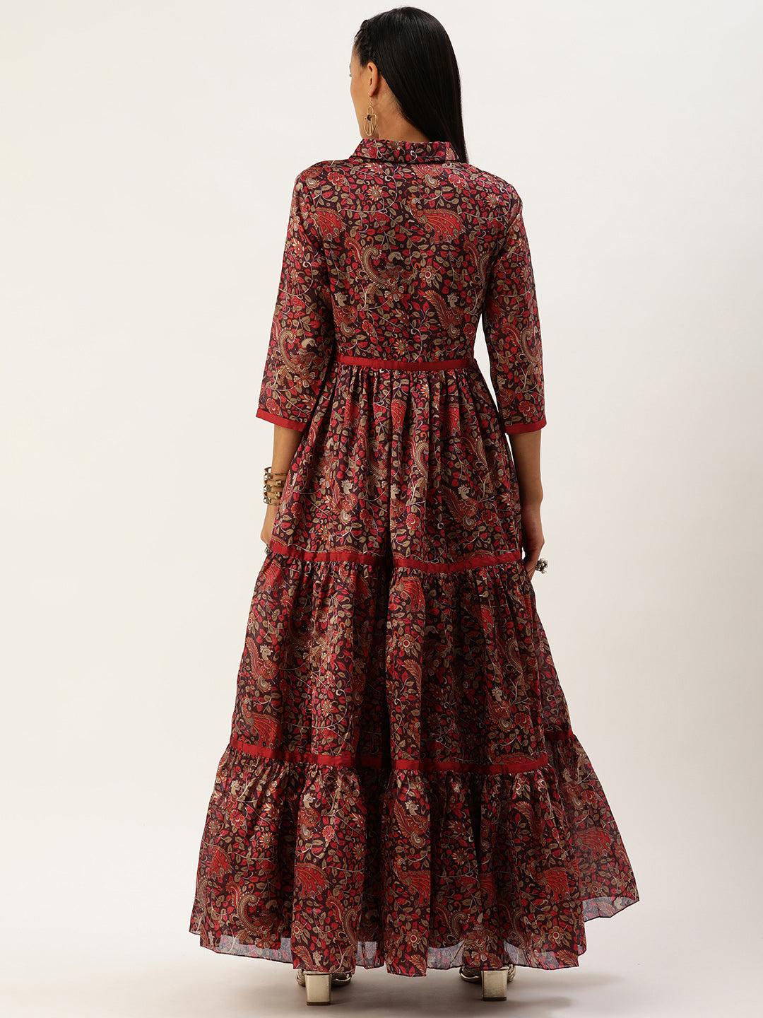 Bollywood Vogue Ready To Wear Multicolor Printed Tiered Gathered Style Gown - Back View