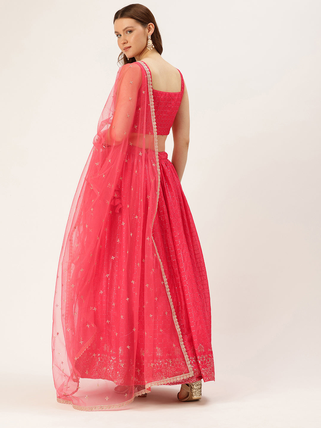 Bollywood Vogue Ready To Wear Coral Chinon Embroidered Sequins Lehenga Set - Back View