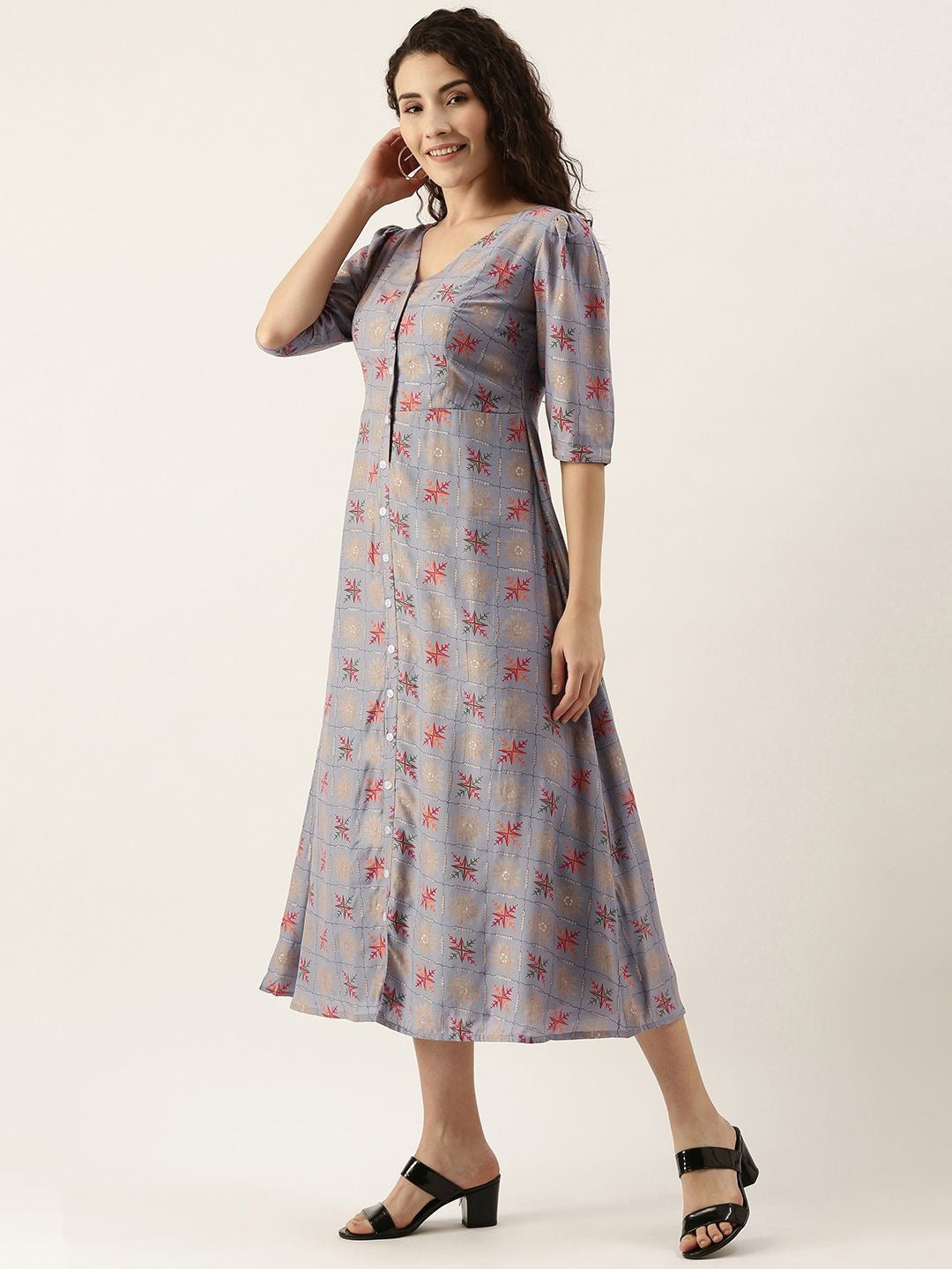Bollywood Vogue Ready To Wear Blue Foil Printed A line Dress - Back View