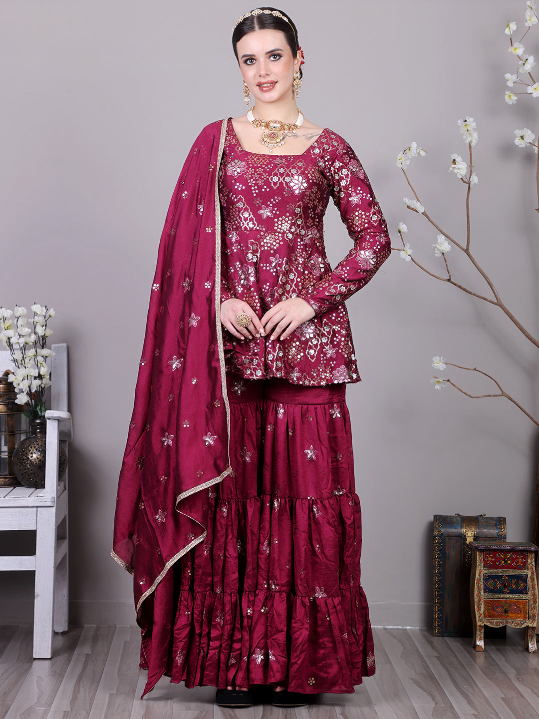 Bollywood Vogue Ready To Wear Chic Top With Art Silk Embroidered Sharara Suit - Front View