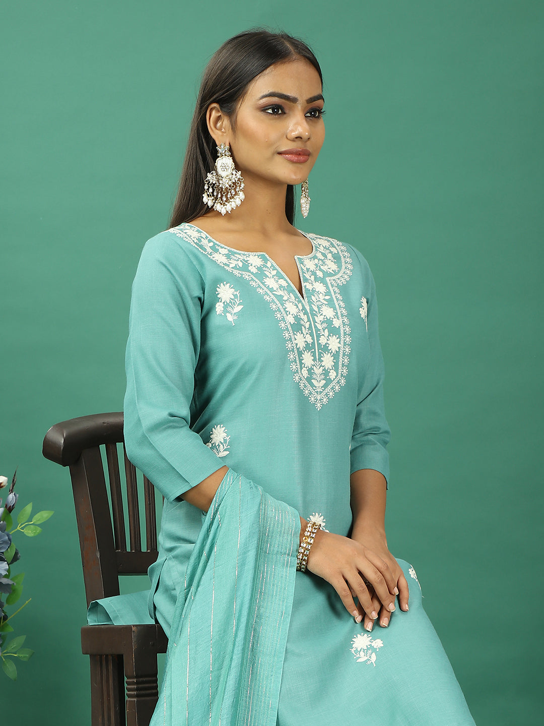 Bollywood Vogue Ready To Wear Green Rayon Embroidered Straight Pant Suit - Detail View