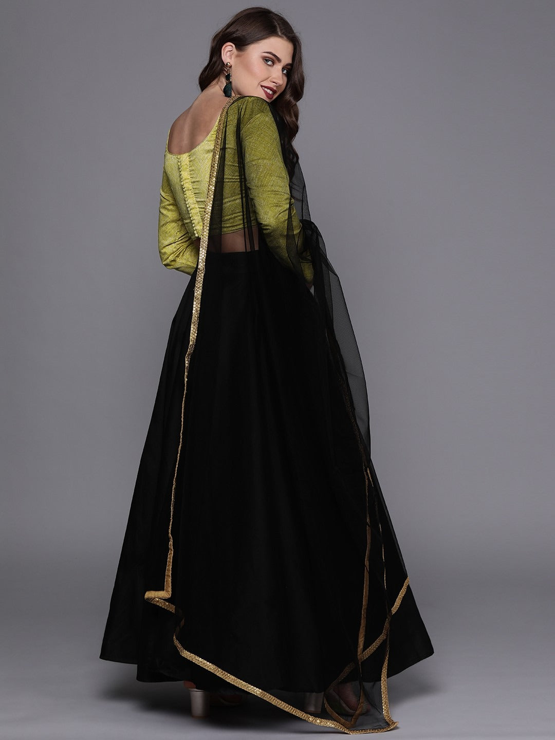 Bollywood Vogue Ready To Wear Ethnovog Green N Black Lehenga - Back View