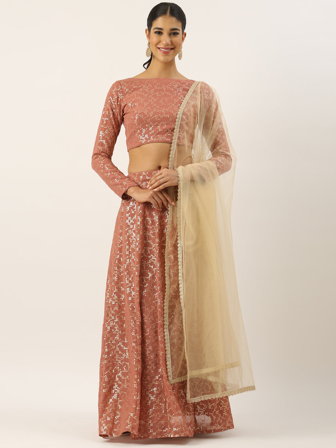 Bollywood Vogue Ready To Wear Pink Georgette Embroidered Lehenga Set - Front View