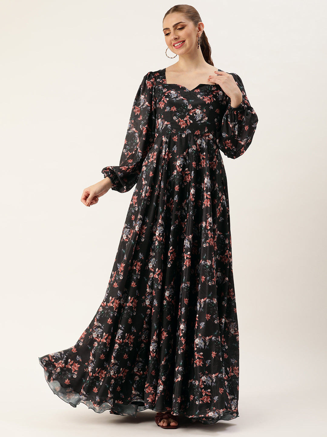 Bollywood Vogue Ready To Wear Black Chinon Digital Printed Gown - Front View