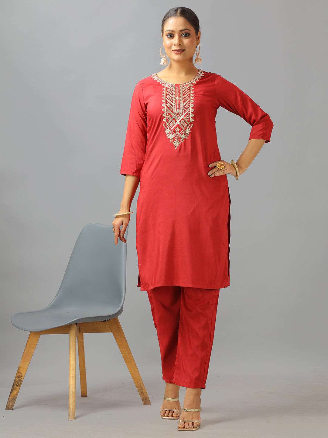 Bollywood Vogue Ready To Wear Maroon Art Silk Embroidered Straight Pant Suit - Additional View 1