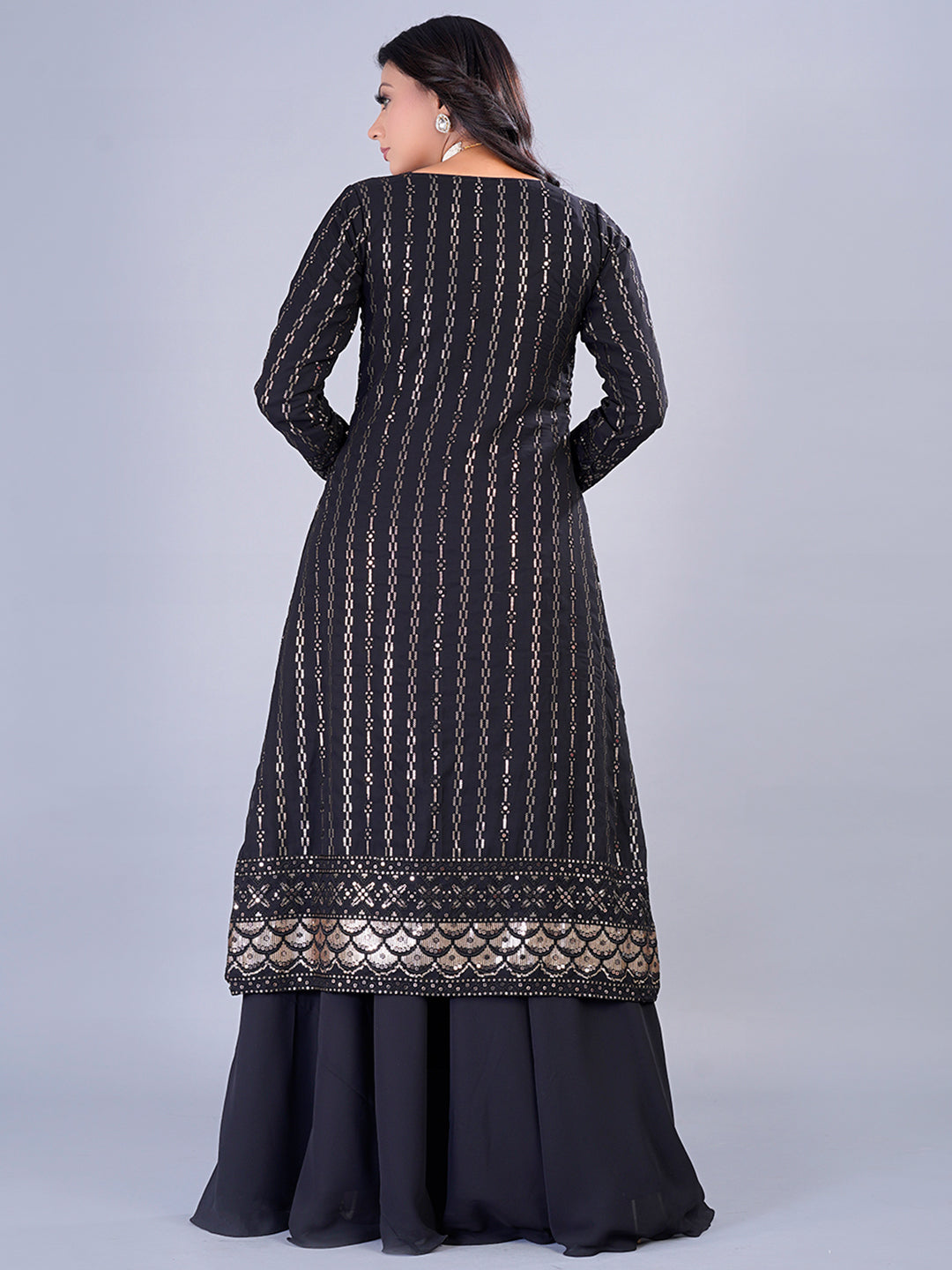 Bollywood Vogue Ready To Wear Embroidered Black Georgette Jacket Gown - Back View